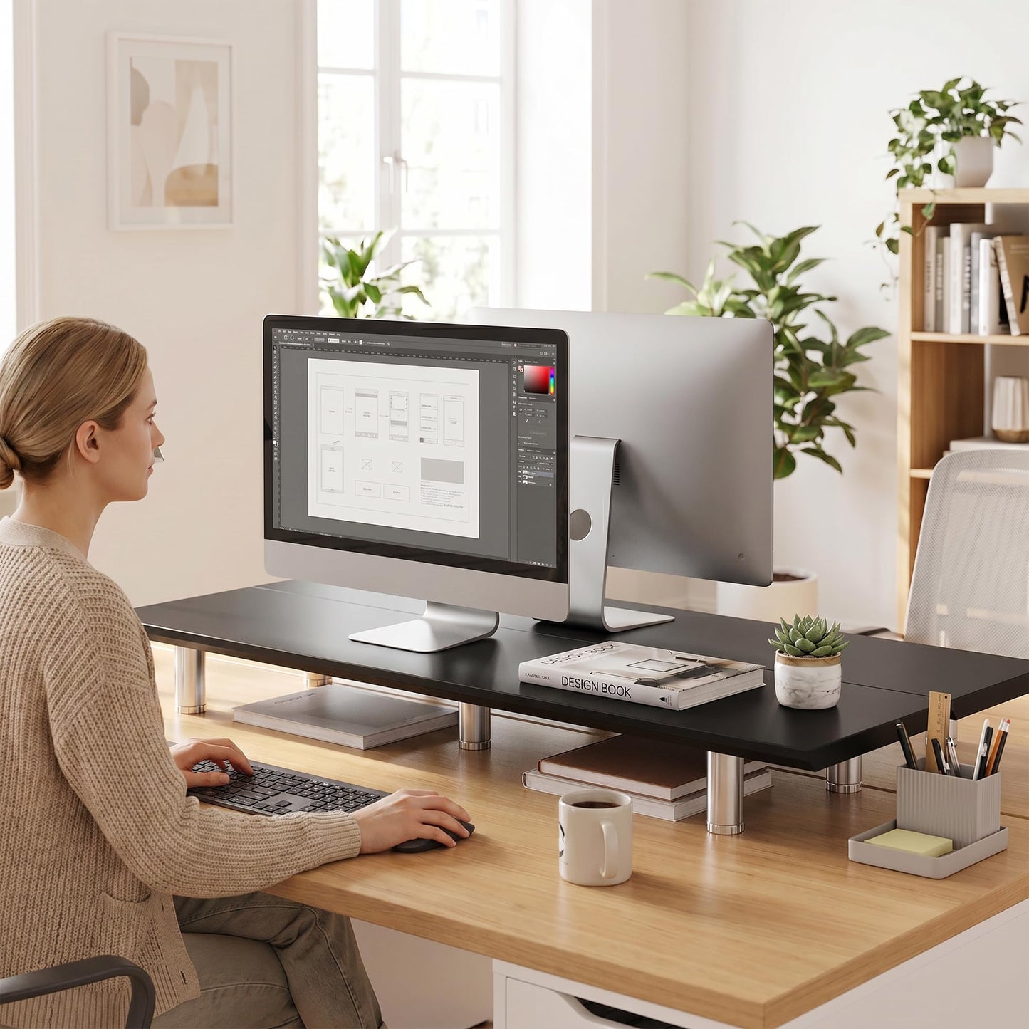 Fenge 39.4 Inch Dual Monitor Stand, Height Adjustable Monitor Riser Stand for Desk, Wooden & Steel Monitor Shelf for 2 Computers up to 99lbs, Stable Desk Organizer for PC Laptop TV, Black