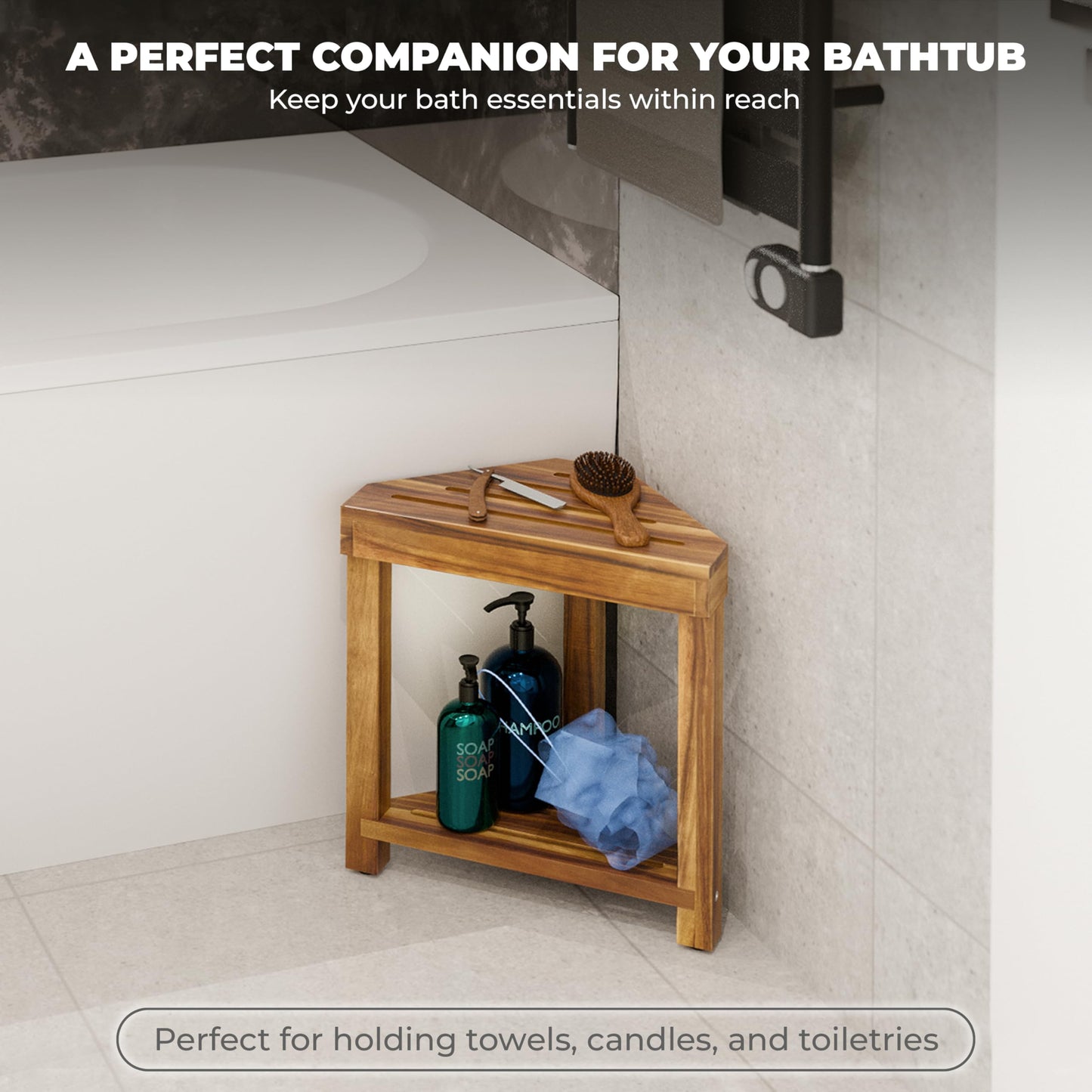 BLUEWEST 16.4" Corner Shower Stool with Storage Shelf, Acacia Wood Shower Foot Rest for Shaving Legs, Small Water-Resistant Bathroom Bench for Inside Shower, Wooden Bath Seat for Small Shower Spaces