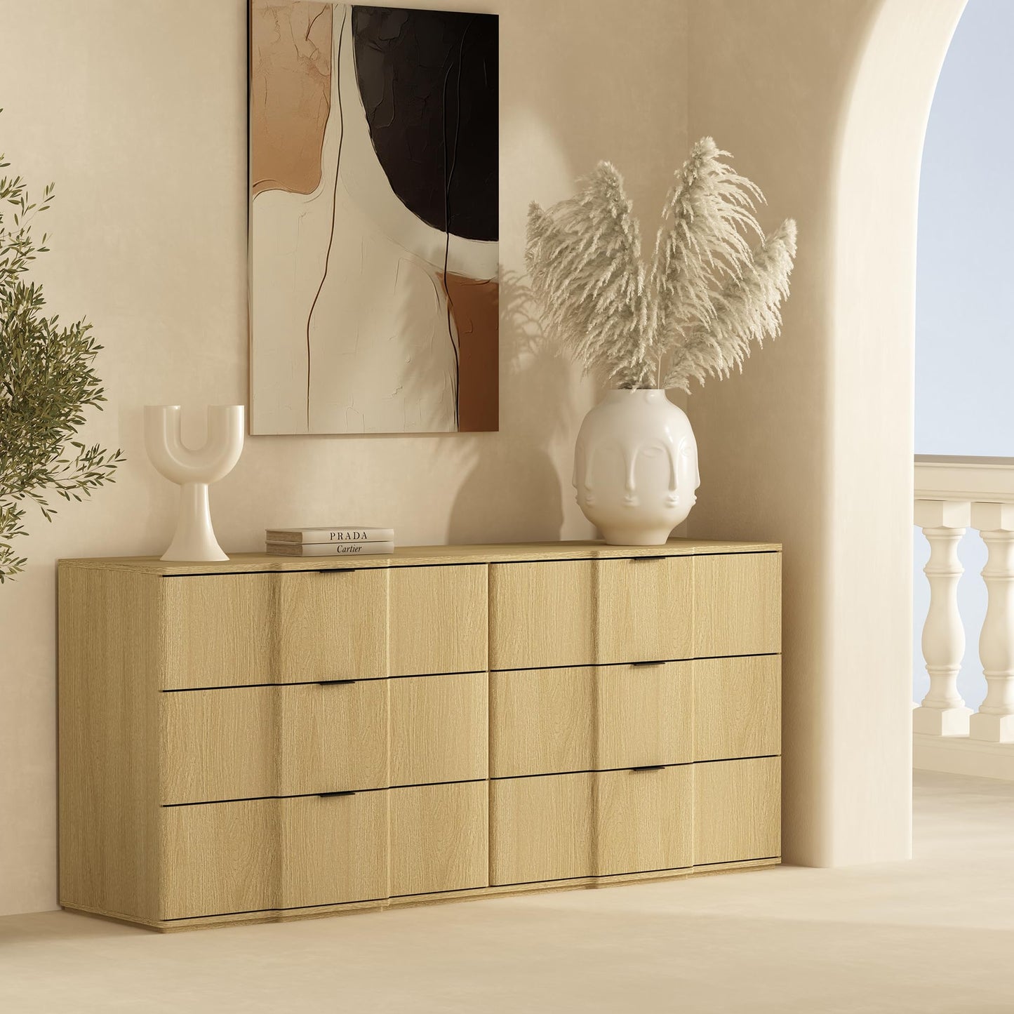 Manhattan Comfort Clive 72” Modern 6 Drawer Dresser, Wide Chest of Drawers with Sculpted Fluted Front & Accent Recessed Handles, Doubles as 70” TV Stand, Natural Oak and Gold