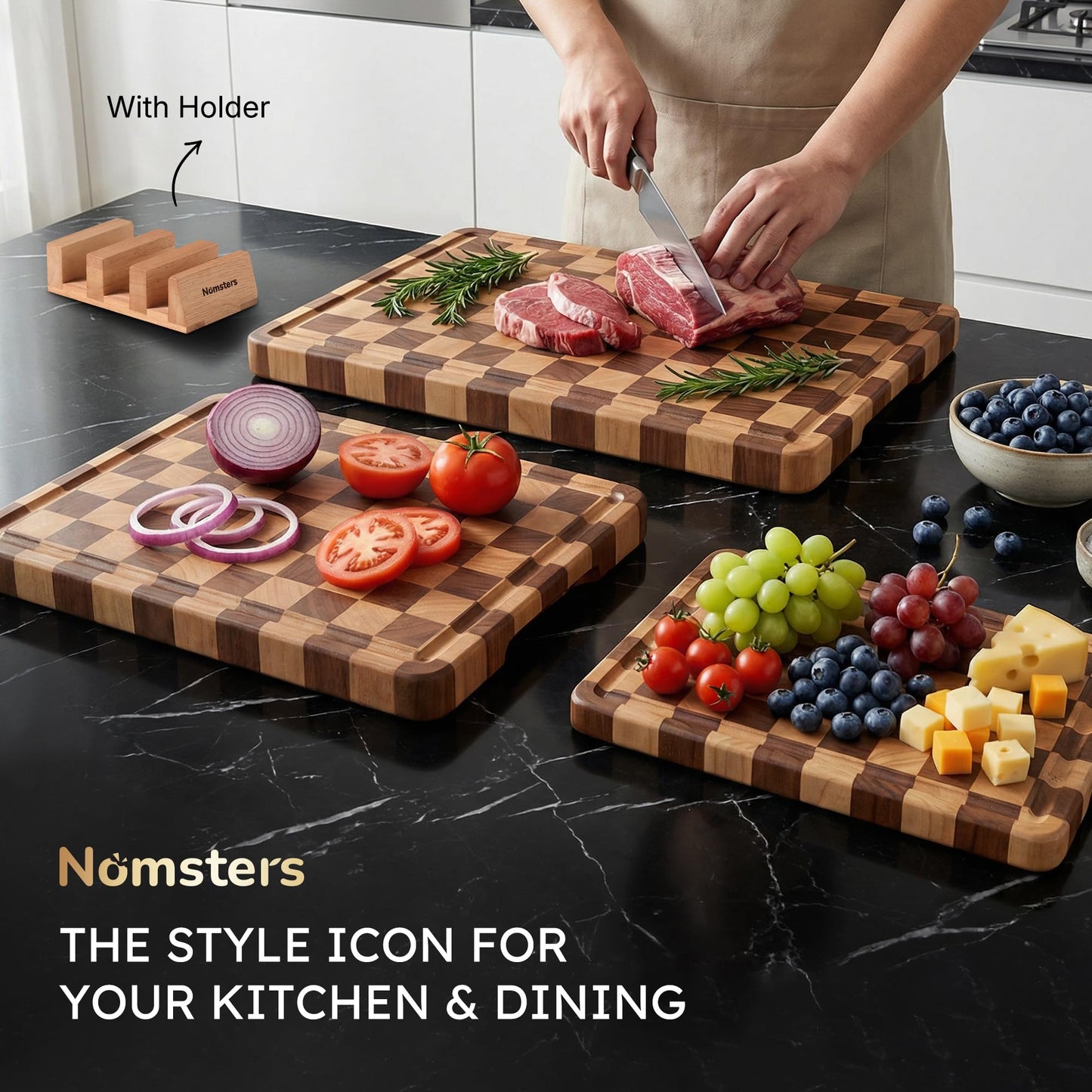 Nomsters 3 Packs Cutting Boards for Kitchen Checkered Cutting Board Acacia Wood Charcuterie Board Serving Heavy Duty Non Toxic Slip Butcher Block Wood Chopping Board with Juice Grooves Handles