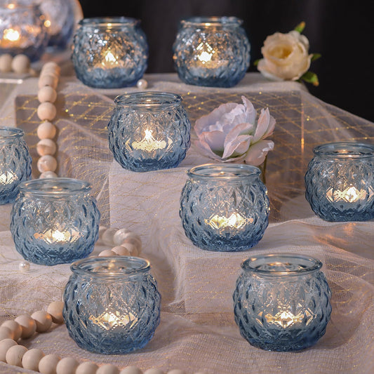 DARJEN 12Pcs Blue Votive Candle Holders - Round Glass Candle Holders Bulk for Tea Light Candle, Diamond Texture Candle Votives for Wedding Centerpiece, Party & Home Decor