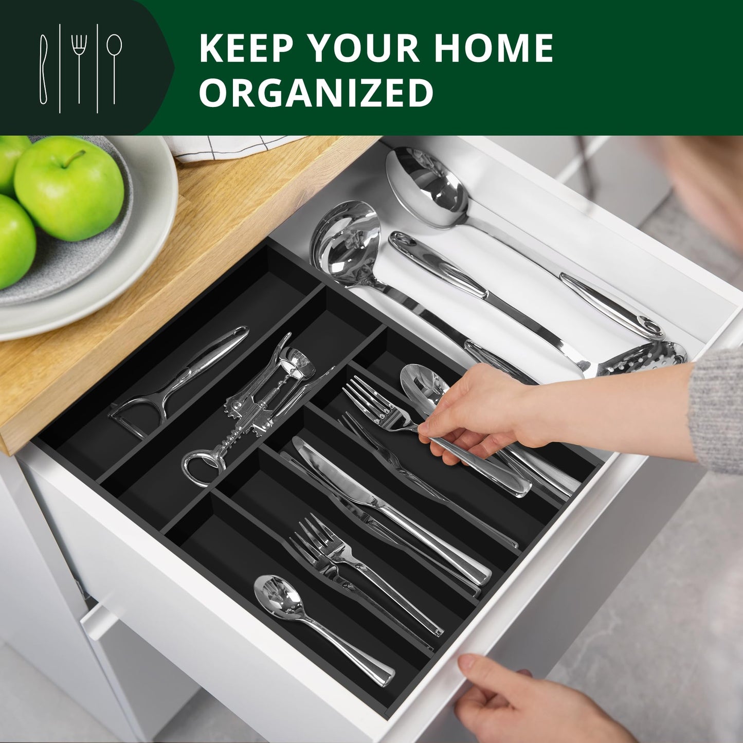 Luxury Bamboo Kitchen Drawer Organizer - Silverware Organizer - Utensil Holder and Cutlery Tray with Grooved Drawer Dividers for Flatware and Kitchen Utensils (7 Slot, Black)