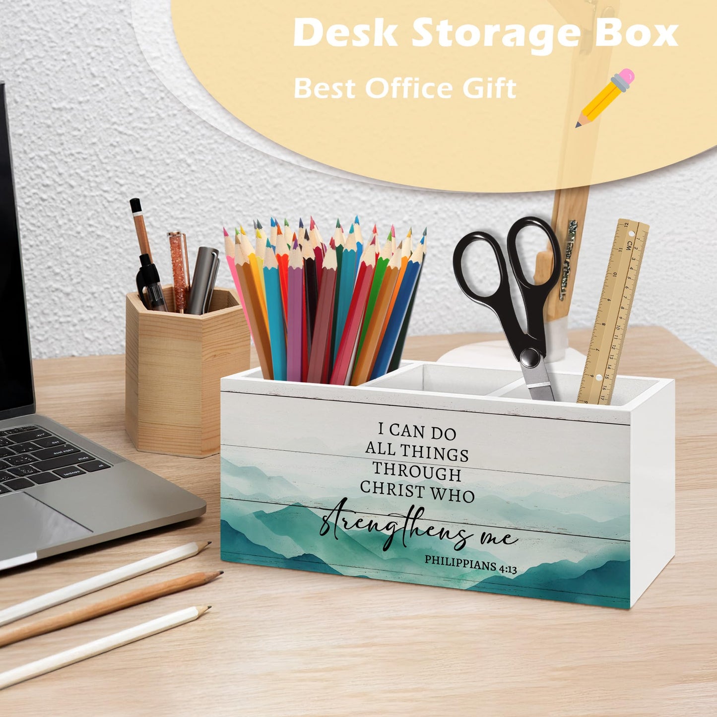 ANIANG Motivational Christian Pen Holder Organizer, Christian Desk Decor, I Can Do All Things Through Christ Bible Verse Wooden Pen Pencil Holders for Home Office Desk Accessories