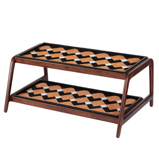 Anji Mountain Heavy Duty Waterproof Wooden Shoe Storage Mat Organizer/Boot Storage Tray Multi Use for Entryway with Coir, Tan and Ivory Insert, 2 Tier, Fits 6 Pair (36.5" Wide)