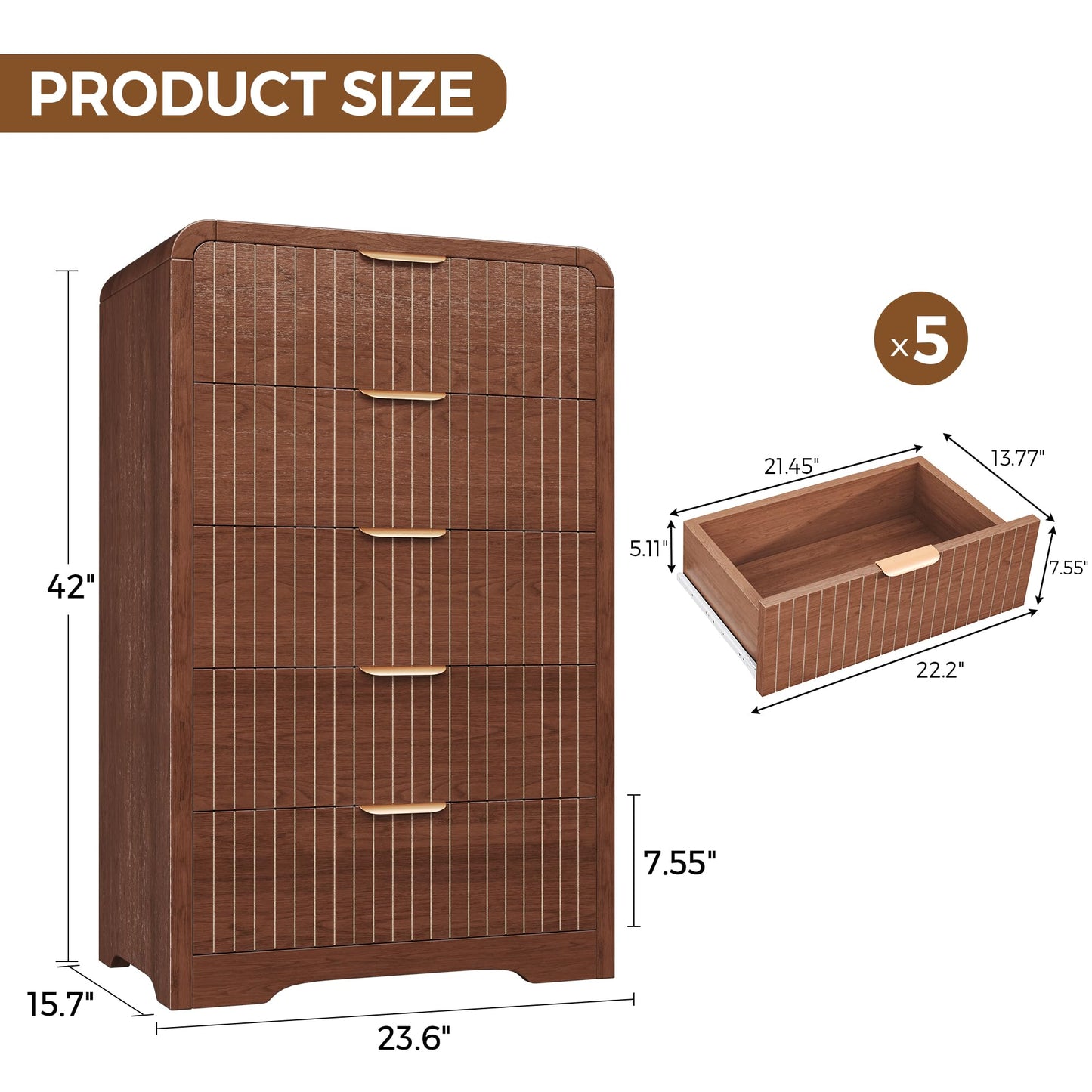 Jocoevol Fluted 5 Drawer Dresser, 43" Tall Dresser Chest of Drawers Curved Profile Design, Wood Mid Century Vertical Dresser Natural Texture for Bedroom, Walnut Dresser