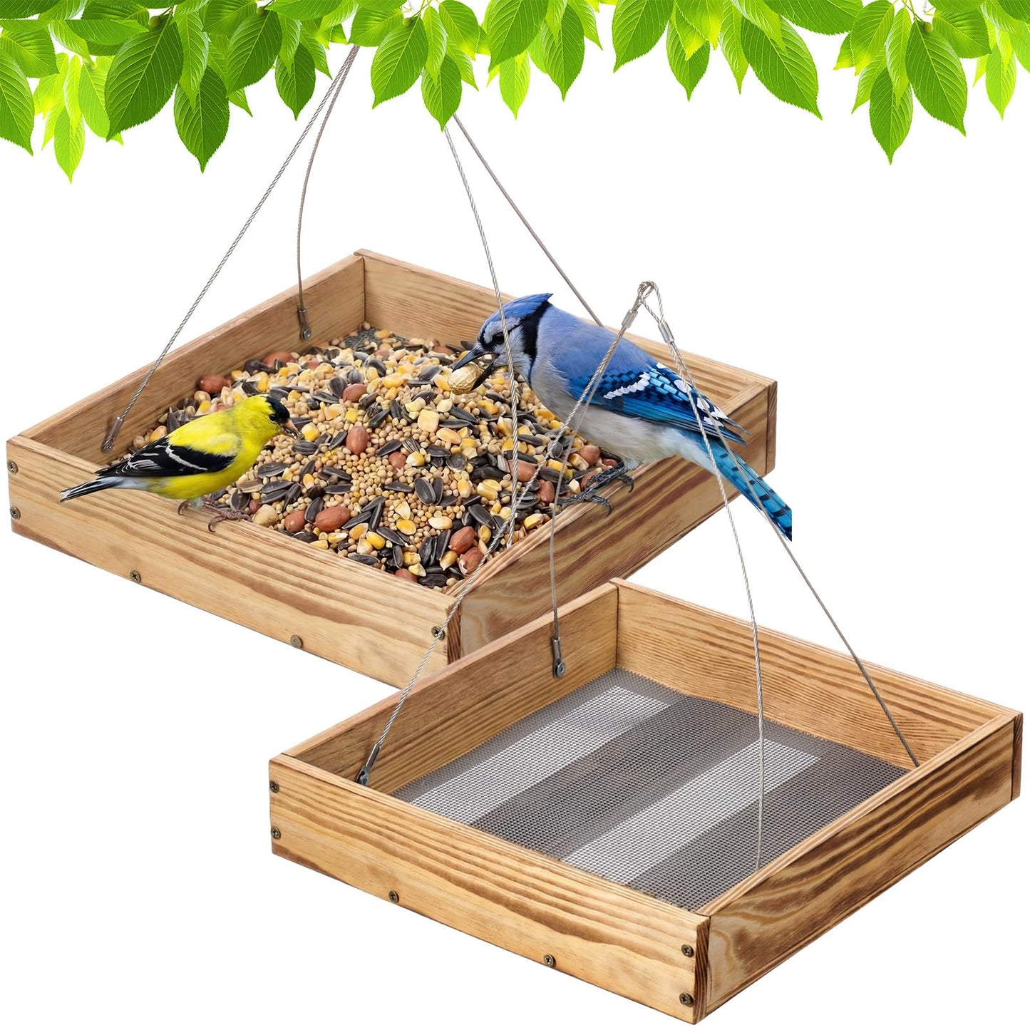 DoubleFill 2 Pcs Wooden Platform Bird Feeder Tray for Outdoor Hanging Bird Feeder with Mesh Tray for Wild Birdfeeding Mealworm Outside Garden Backyard