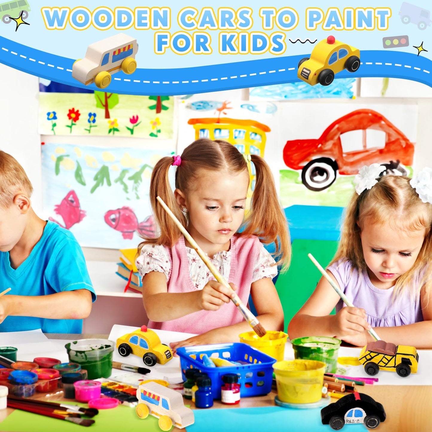 Leyndo 20 Pcs Unfinished Wooden Cars, Wood DIY Arts and Crafts Kit for Students Easy Woodworking Set Family Activities Trucks Race Cars Painting Projects