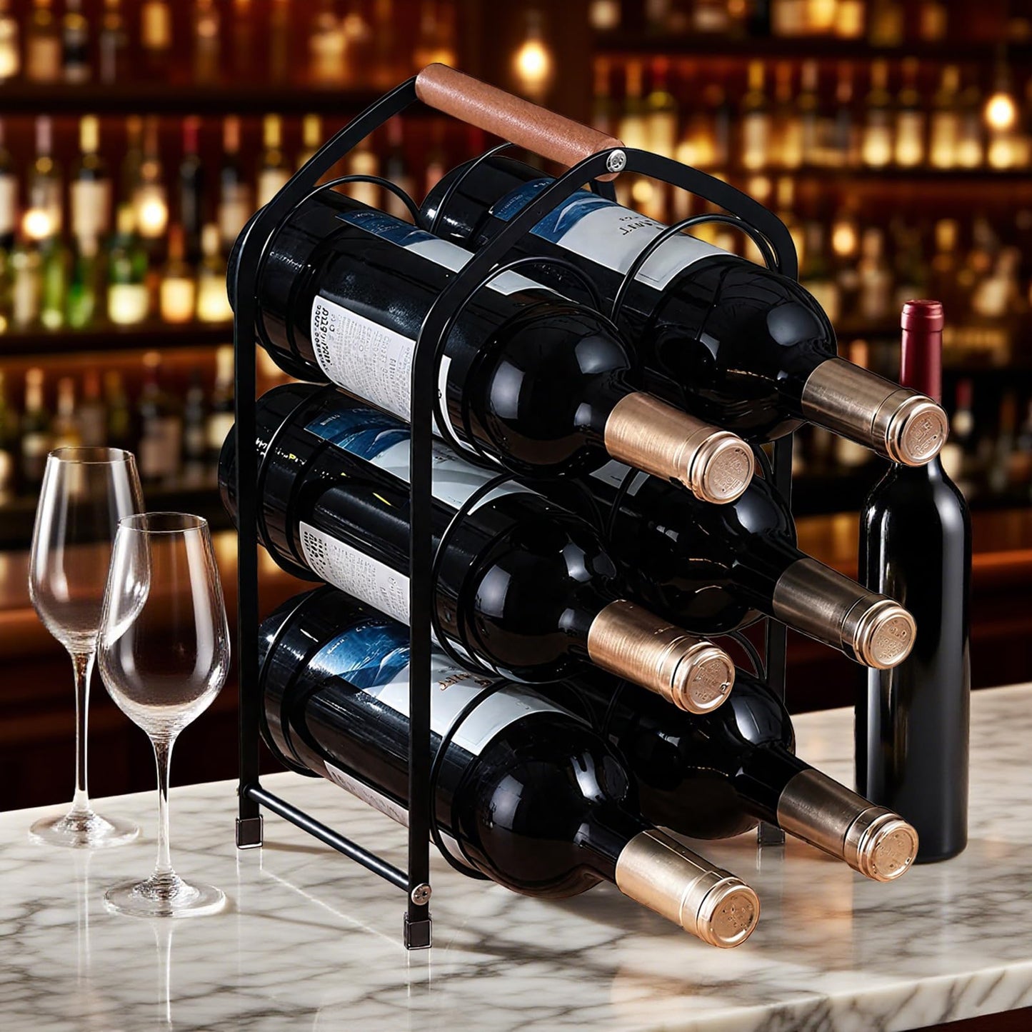 Yaltar Wine Rack countertop Wine Bottle Holder Metal Wine Rack, Industrial Style Honeycomb Design 6-Bottle Wine Storage with Wooden Handle, Easy Installation,for Home Kitchen Bar/Cabinet