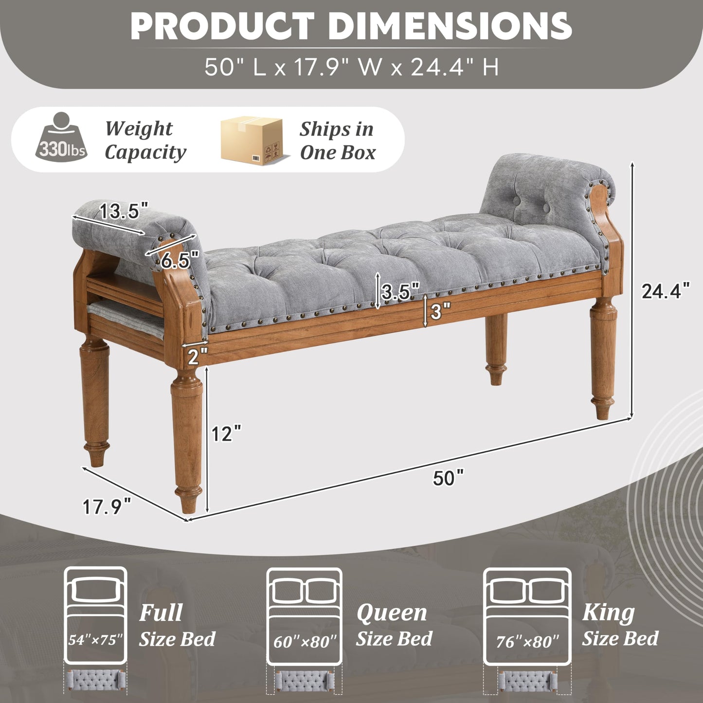Christopher Knight Home Yordle Button-Tufted Linen Upholstered End of Bed Ottoman, Wooden Living Room Ottoman Bench with Nailhead Trim, Long Entryway Bench with Rolled Arms, Gray + Brown