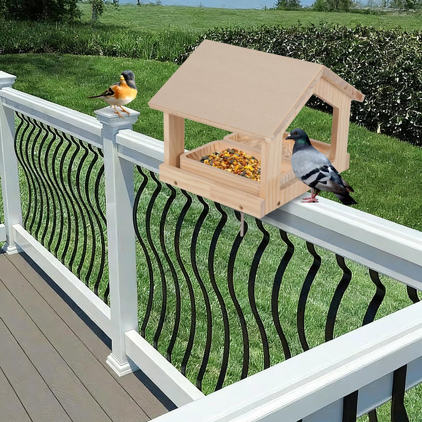 Wooden Bird Feeder with 2 Trays Metal Bracket Railing Mount Balcony Birdfeeder Large Capacity Weatherproof Platform Wild Bird Feeding House for Cardinals Finches Garden Yard Decoration