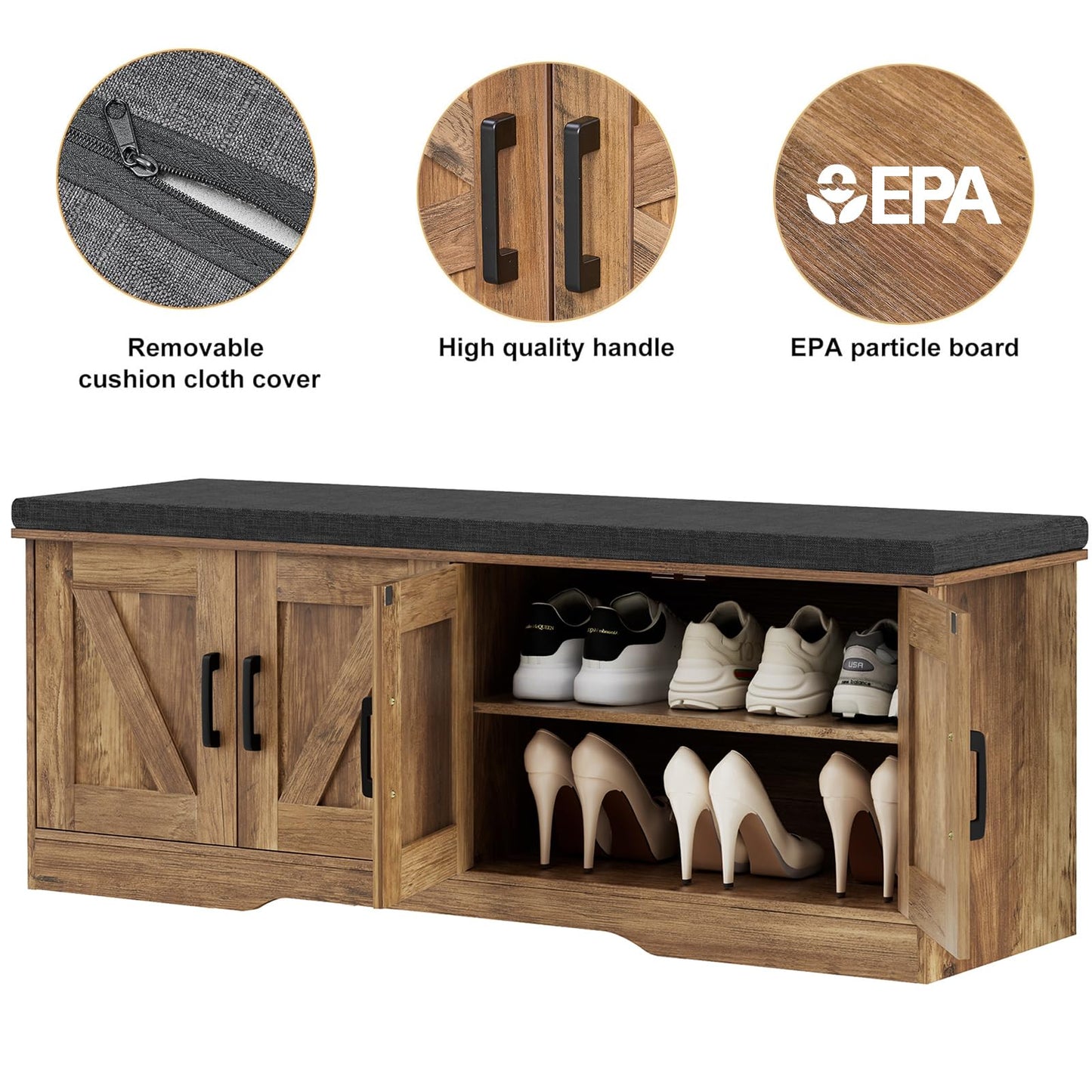 HOMSHO 2-Tier Storage Bench, 47.2" Wide Shoe Bench with Padded Seat Cushion, Entryway Bench with 4 Barn Doors and Adjustable Shelf, Rustic Walnut