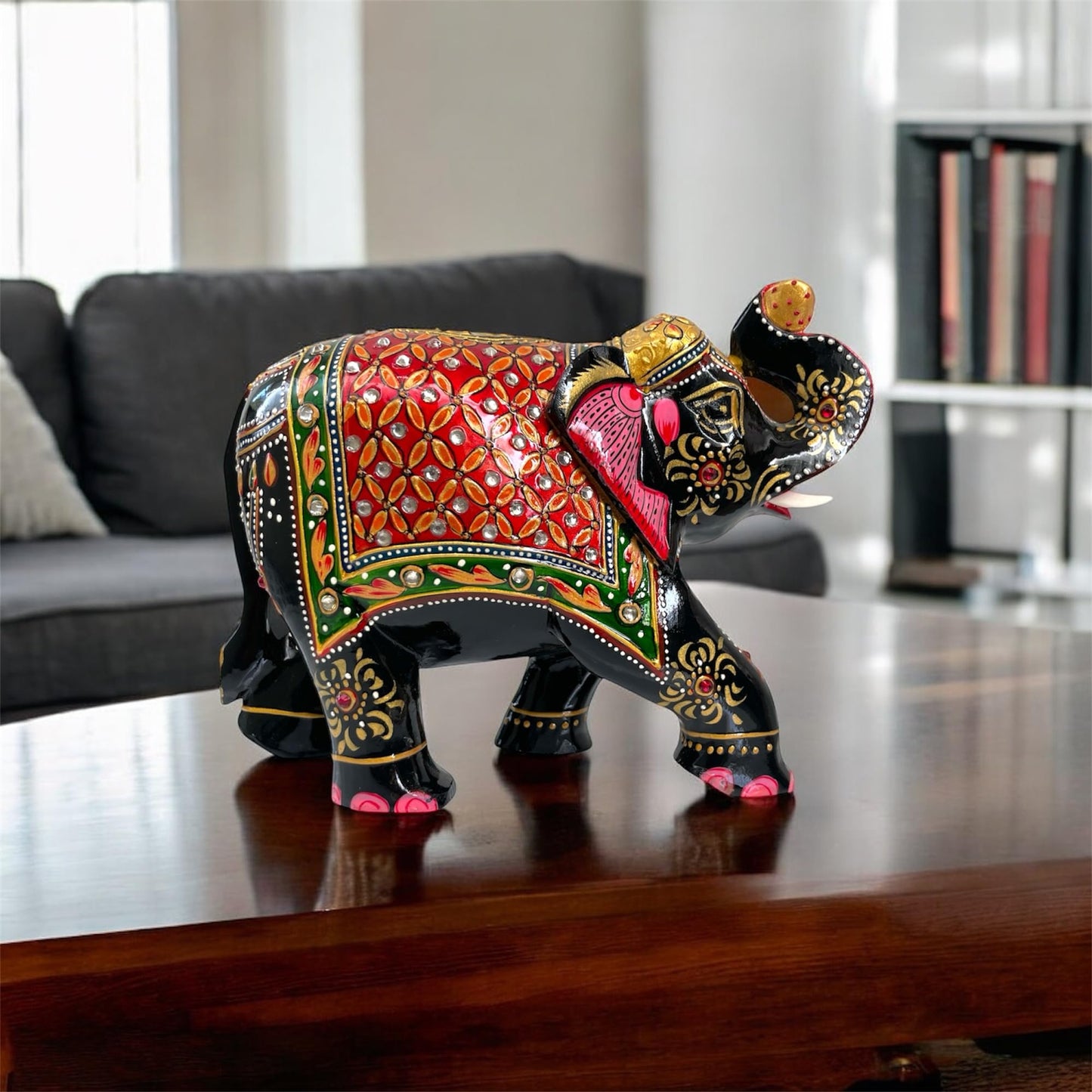 Modern Handcrafted Wooden Elephant Figurine – Trunk up Design with Gemstone Accents | Artistic Decorative Elephant Statue for Home Decor, Office, Gifts – Symbol of Protection & Wisdom (Black & Gold)