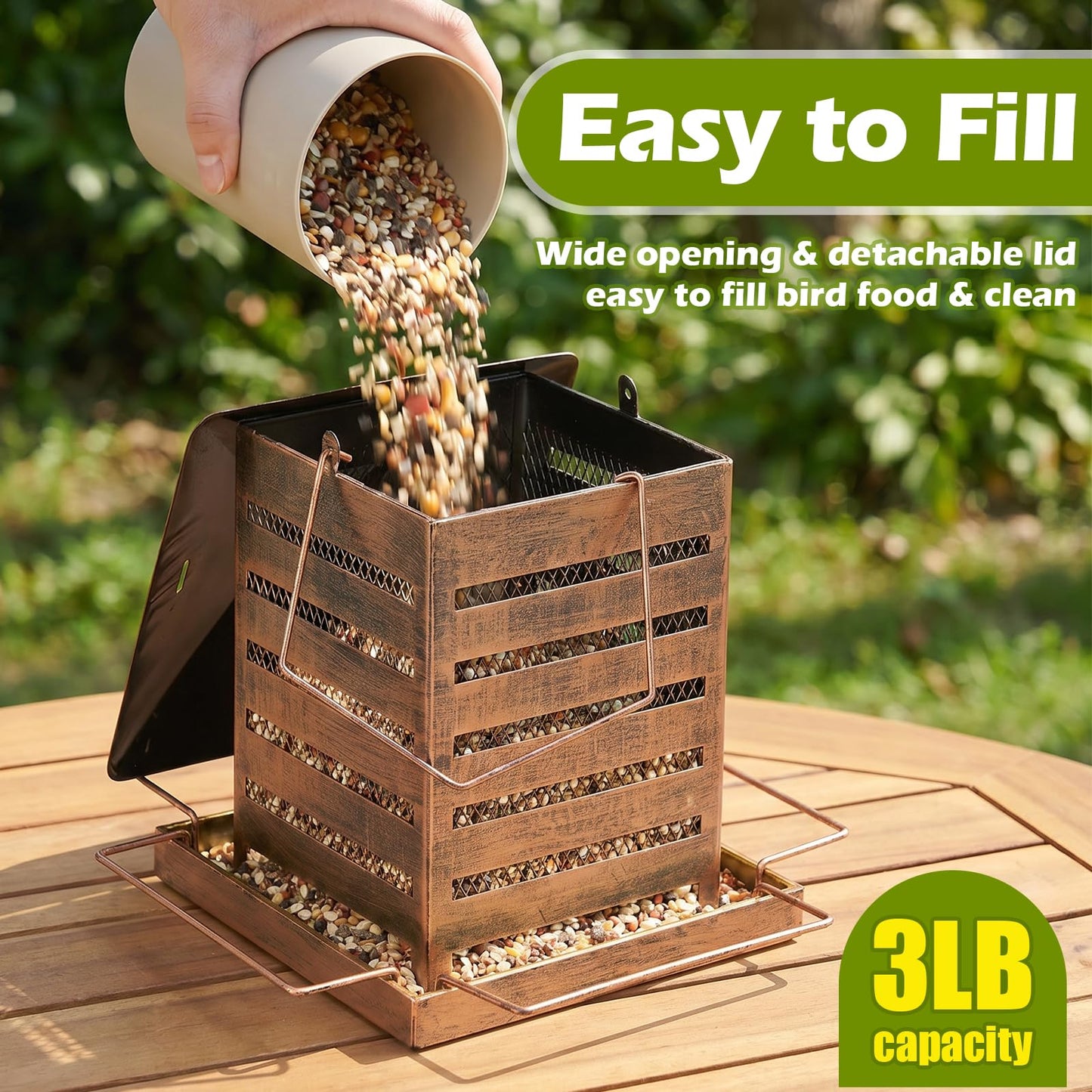 IWNTWY Bird Feeder, 3 LB Large Capacity Metal Bird Feeders for Outdoor Hanging, Heavy Duty Wild Birdfeeder with 4 Perches, Sturdy & Easy to Refill