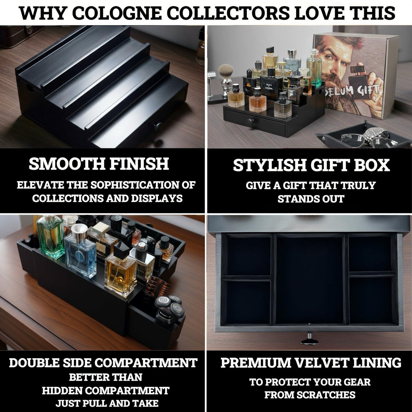 4 Tier Black Cologne Organizer with 4 Tier Blue one