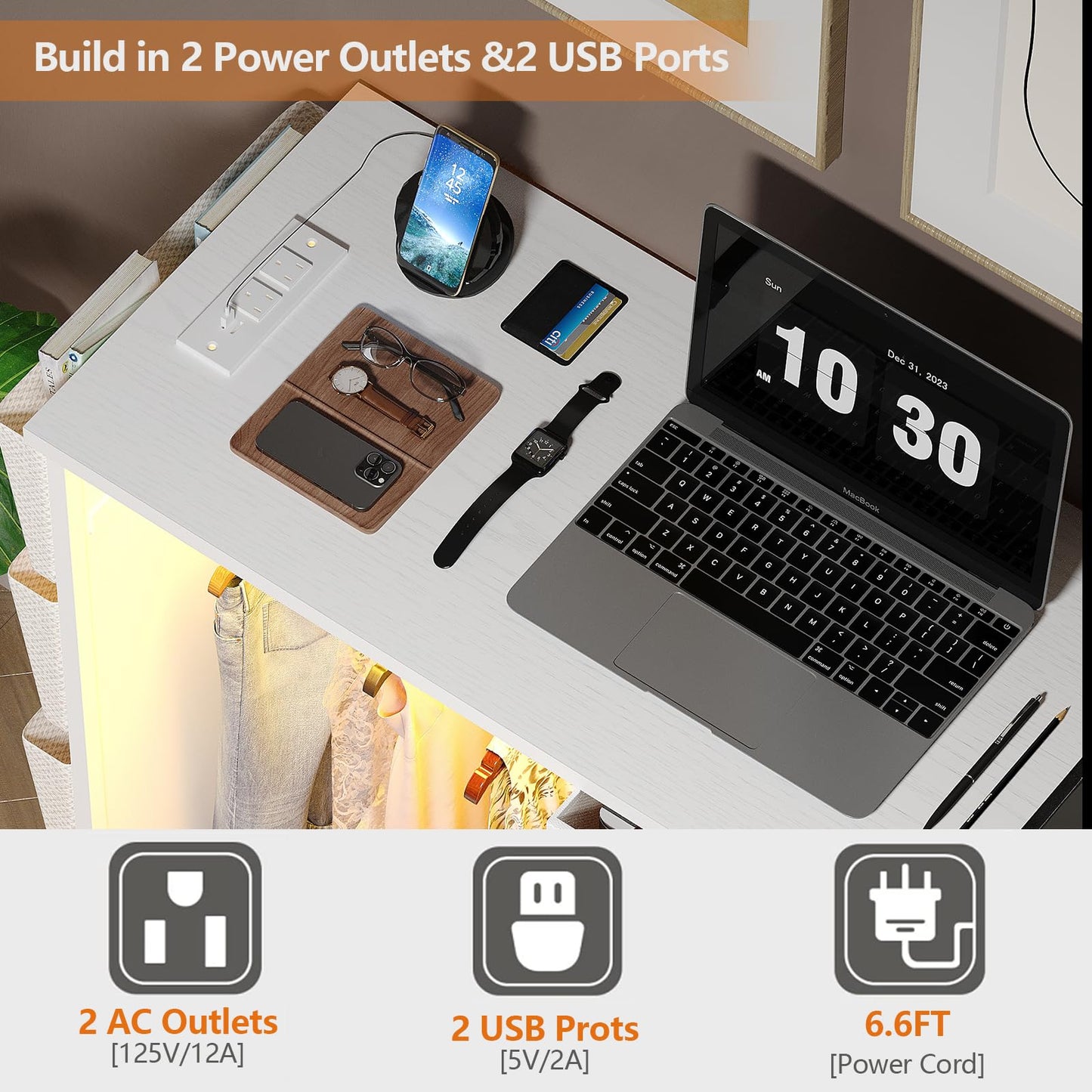 WODRAWER 6 Drawer Dresser for Bedroom with Clothes Rack, Clothes Dresser with Side Pockets and Hooks, Charging Station & LED Lights, Wooden Top, Fabric Storage (White)