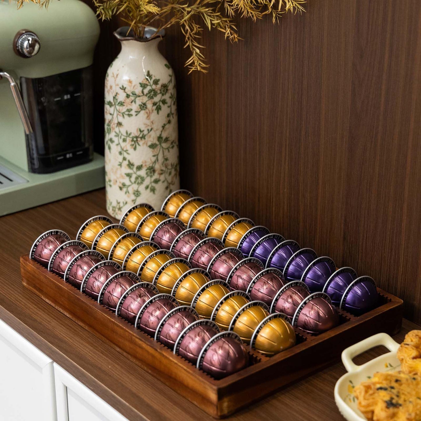 Acacia Wood Coffee Pod Holder Tray Compatible with Nespresso Vertuo, Pods Organizer Drawer Insert, Storage, Stand, Container, Capsule Holder for Coffee Bar Countertop, 40 Big or 60 Small Pods Capacity