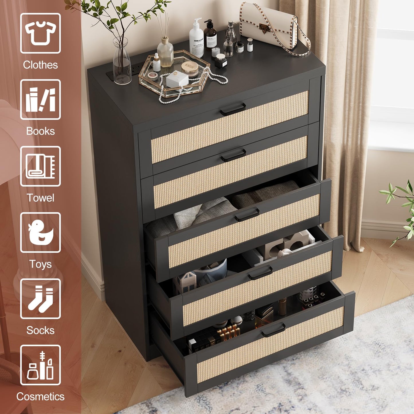 GarveeHome Rattan Dresser, Tall Chest of Drawers, Wood Dresser for Bedroom, Closet, Living Room, Hallway (Black Natural, 15.8" D x 31.5" W x 47.2" H (5 Rattan Drawers))