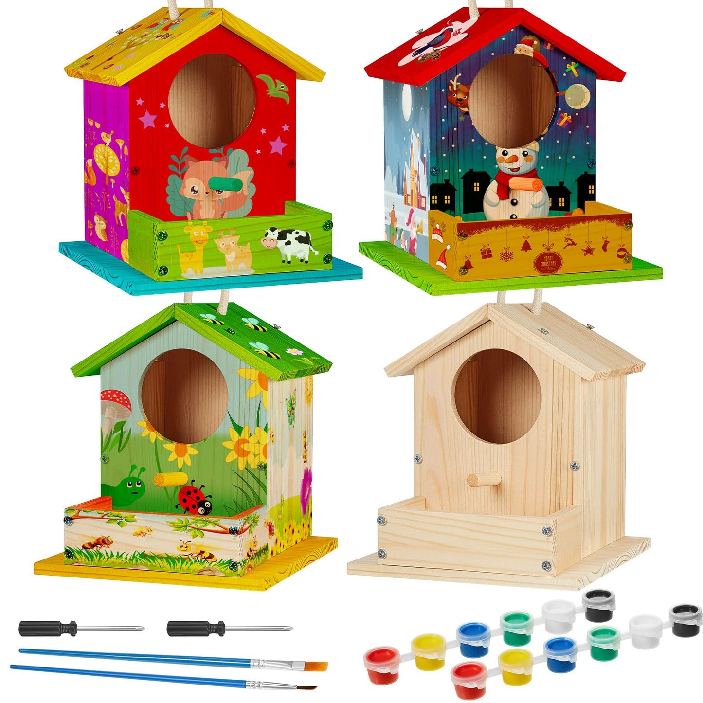 Liliful 2 Pack DIY Wooden Birdhouse Kit, Crafts for Kids and Adults, Bird House with Paint and Paintbrushes Painting Kits for Boys and Girls, Spring Birthday Classroom Gifts for Ages 4-8