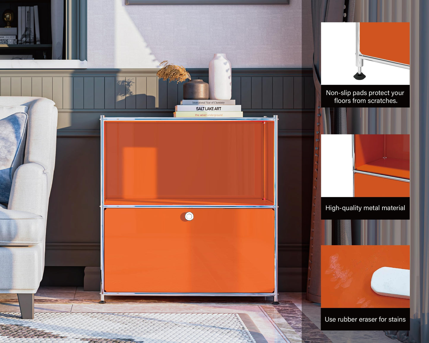 Simplink 32.5-Inch Flip-Top Storage Cabinet with Detachable Wheels, Metal Side Table and Small Sideboard Cabinet for Living Room, Bedroom, Office, Orange
