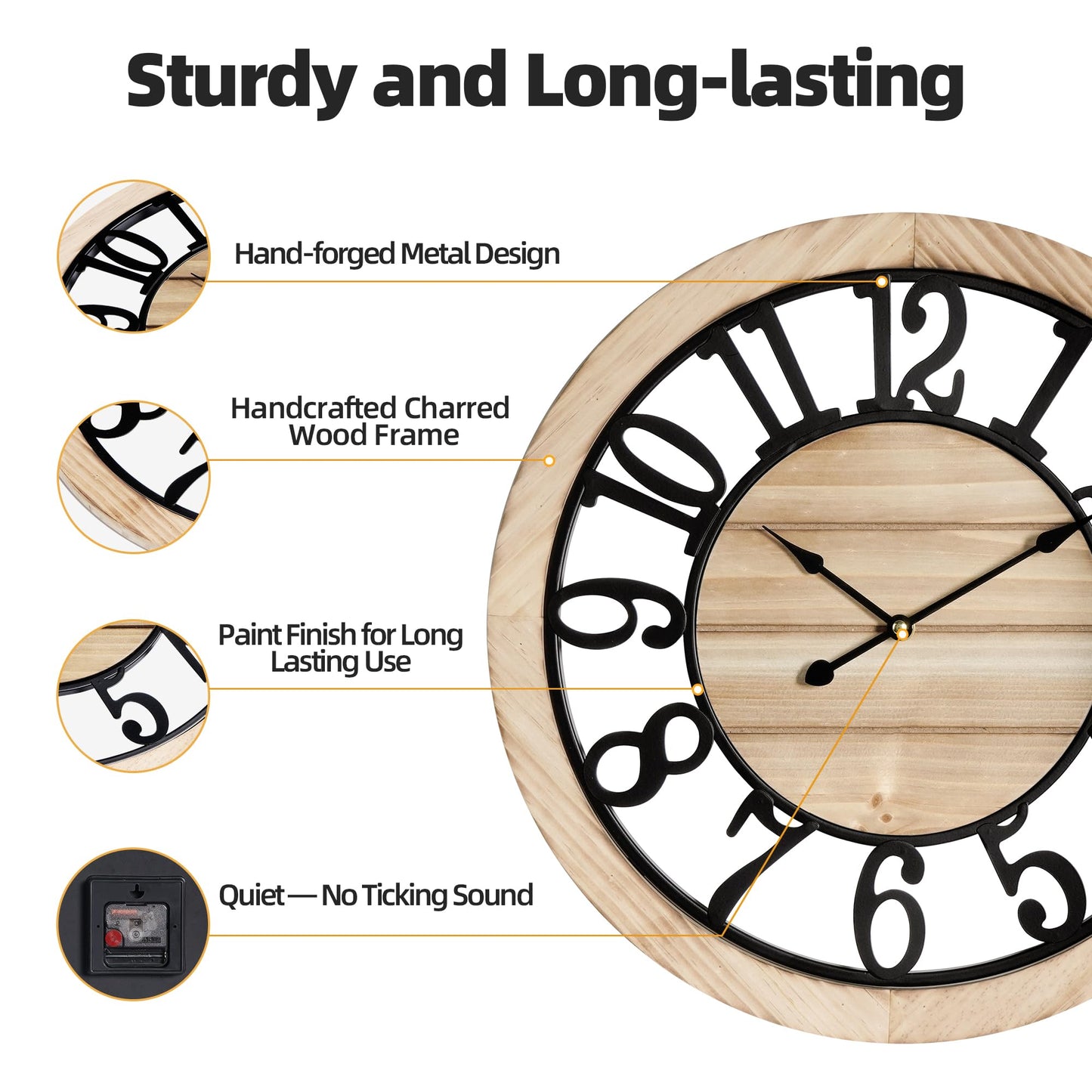 Maxstar 16'' Wall Clock for Living Room Decor, Ultra-Silent Rustic Wooden Farmhouse Wall Clock with Metal & Real Wood Frame, Battery Operated, for Kitchen Bedroom Office, Arabic Numerals