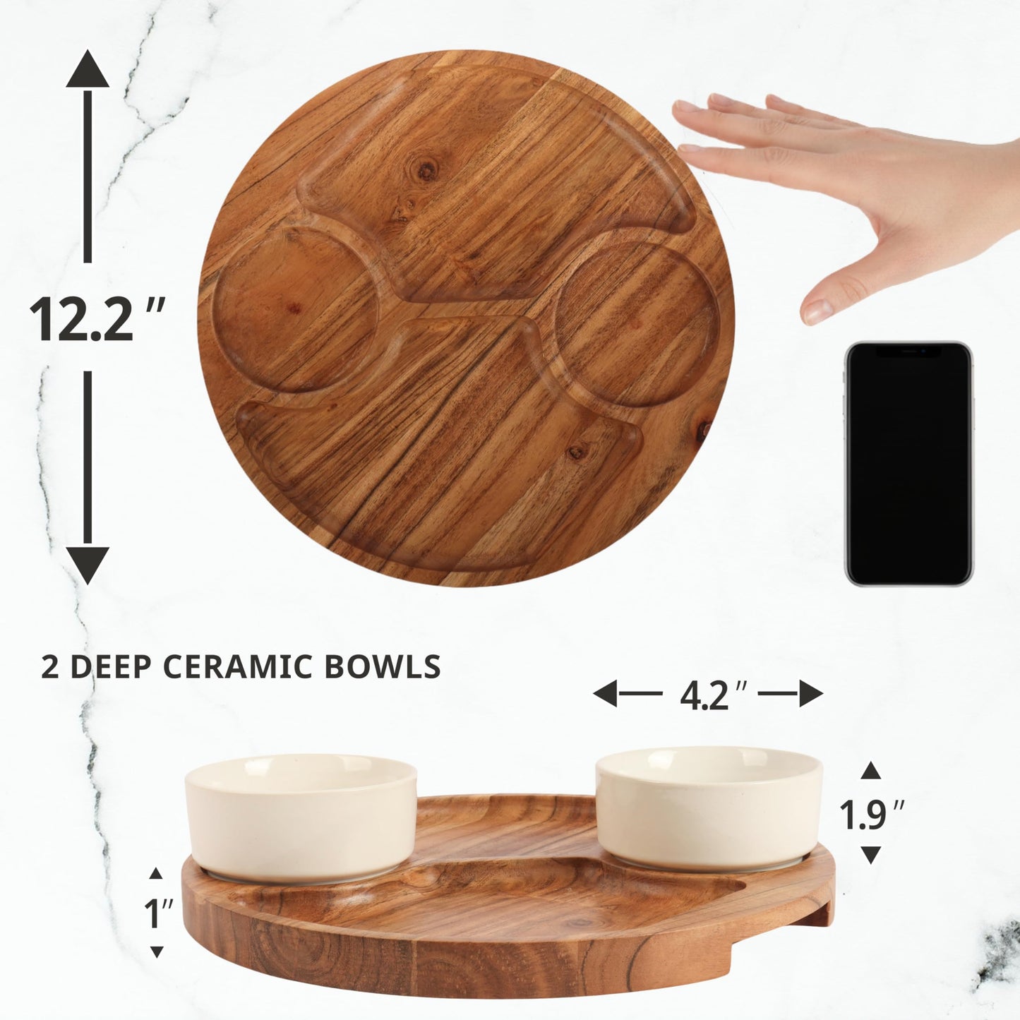 Culina Craftique 11" Wooden Salad Bowl Set — Bundle with 12.2" Chip and Dip Serving Platter — Durable Hosting Essential For Home — Ideal Gift — Includes Serving Utensils and 2 Ceramic Bowls