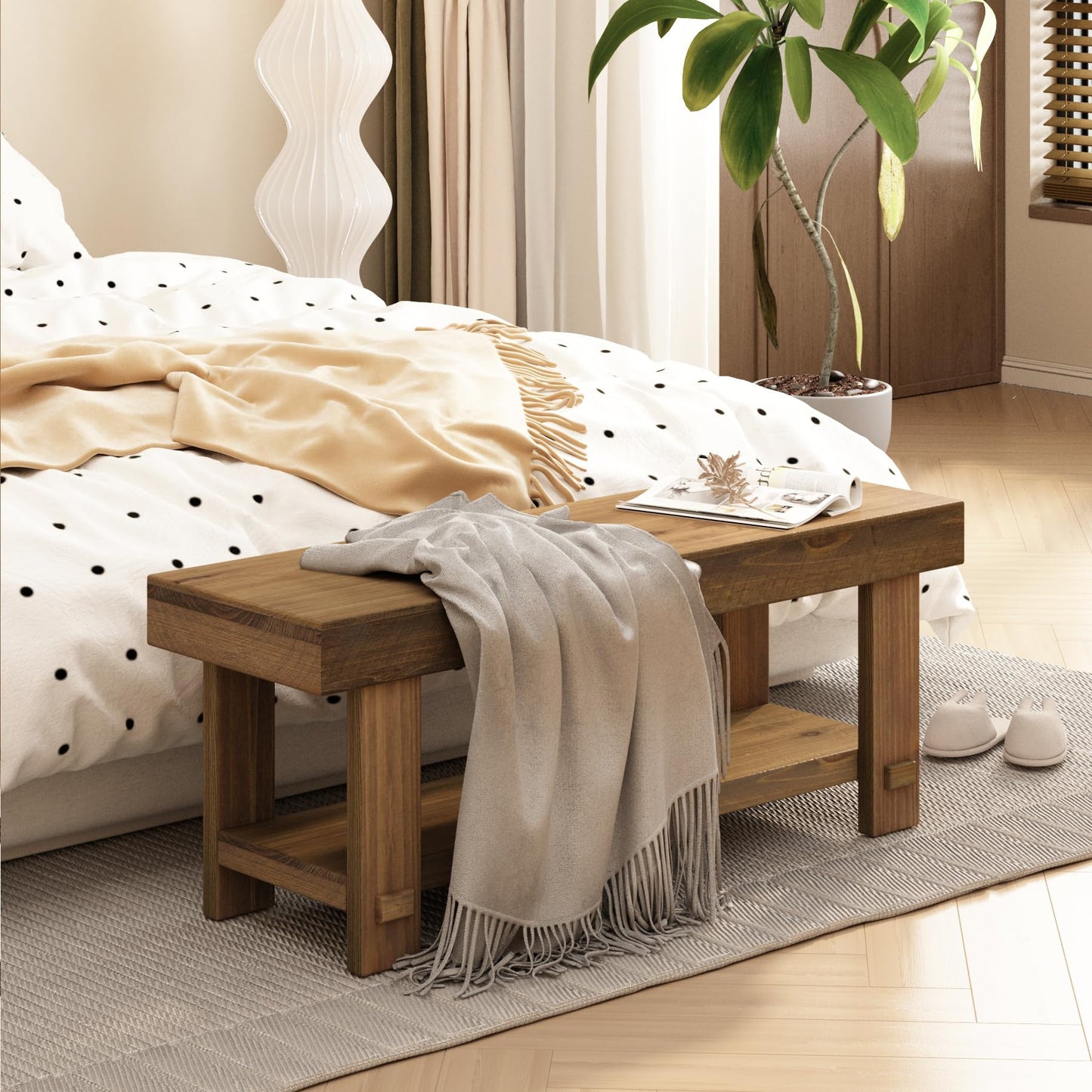 HOKYHOKY Solid Wood Entryway Bench - 42.6" Farmhouse Long Storage Benches, Narrow Bench Seat for Indoor, Entryway, Dining Room, Living Room, Bedroom and Hallway, Rustic Natural
