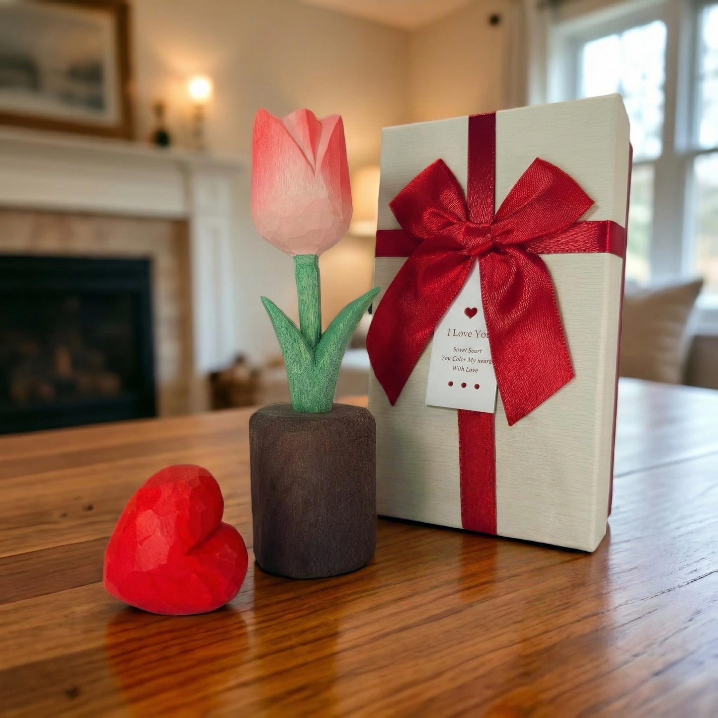 Hand Carved Wooden Tulip Flower with Red Heart Figurine in Gift Box - Everlasting Wood Sculpture for 5th, Valentine’s Day - Painted Faceted Floral Art (Blossom Pink)