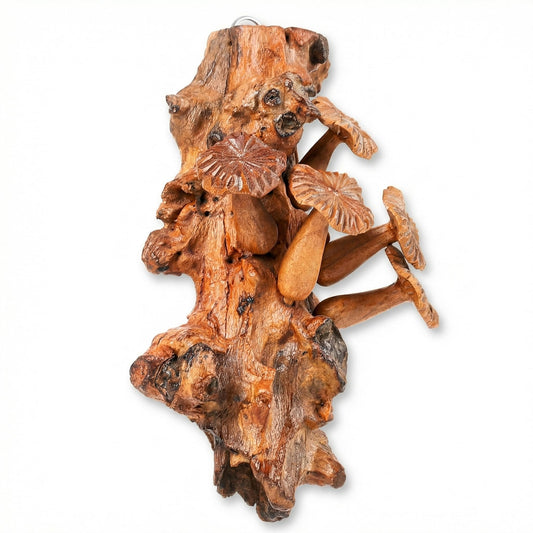 Curawood Mushroom Wall Decor - 5.9" Tall Balinese Artisan Handcrafted Wooden Mushroom Wall Art - Cottagecore, Fairycore, Goblincore Bedroom Decor - Carved Wood Forest Aesthetic Hanging Piece