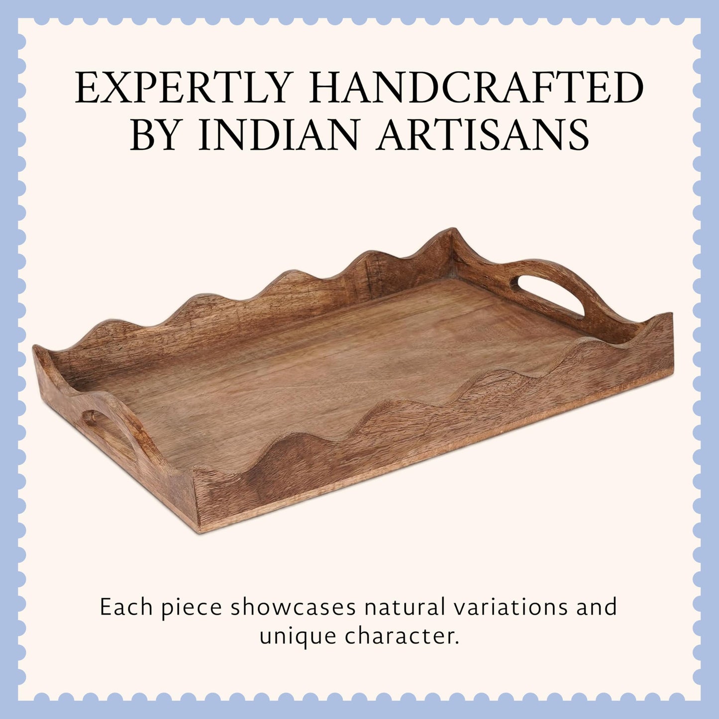 Mela Artisans 14” x 10” x 2.5” Mango Wood Serving Tray with Handles – Ottoman Scallop White Burnt – Medium Handcrafted Wooden Serving Board for Breakfast, Coffee & Home Décor