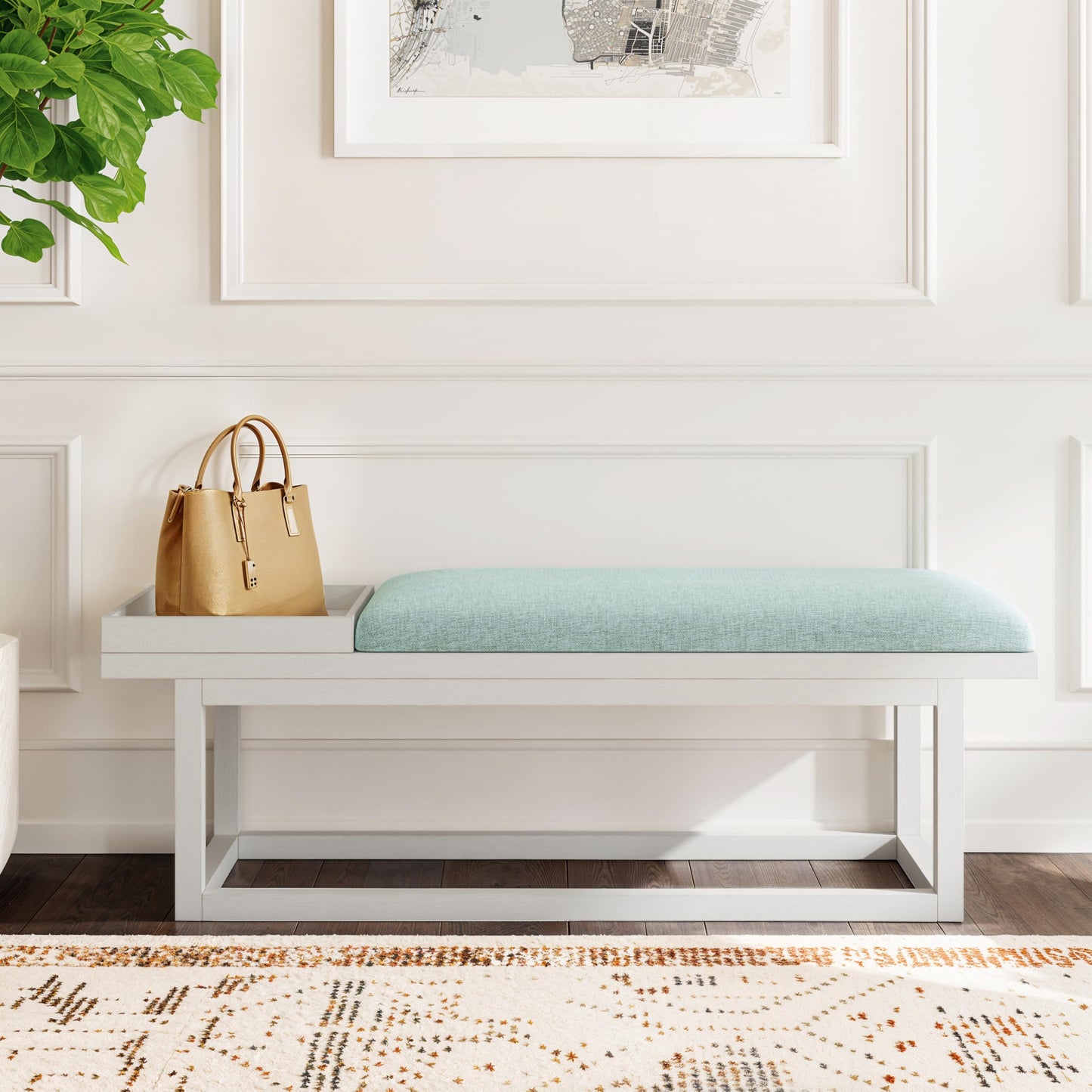 Powell Oakland White Washed Wooden Bench with Aqua Upholstered Seat and Removable Wood Tray