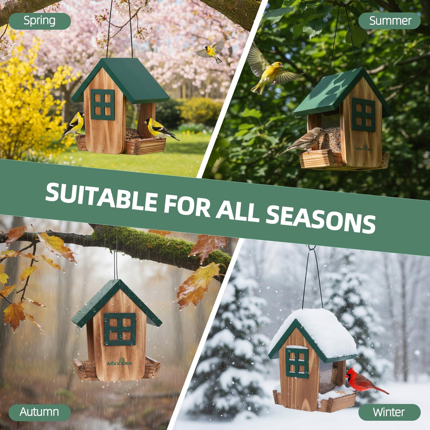 MIXXIDEA Bird Feeder for Outdoors Hanging, Wooden Bird Feeder House with Weatherproof Roof & Metal Tray, Attracting Wild Birds for Outside, Yard, Garden Decoration, Green