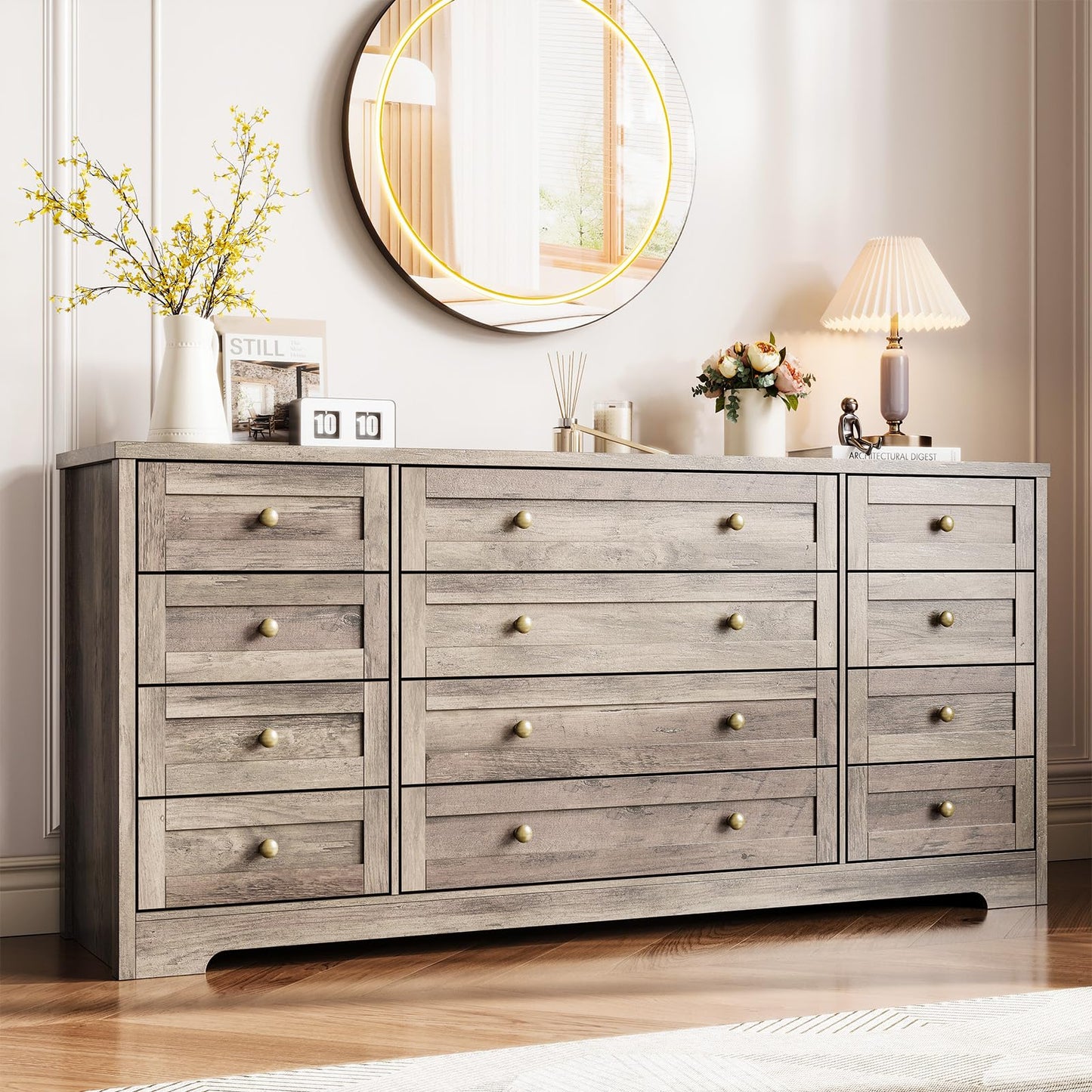 Garvee 12 Drawer Wooden Dressers for Bedroom, Grey Dresser for Adult Bedroom, Modern Wood Chest of Drawers for Living Room, Closet, Entryway, Hallway, Farmhouse Wide TV Stand for 65 Inch TV