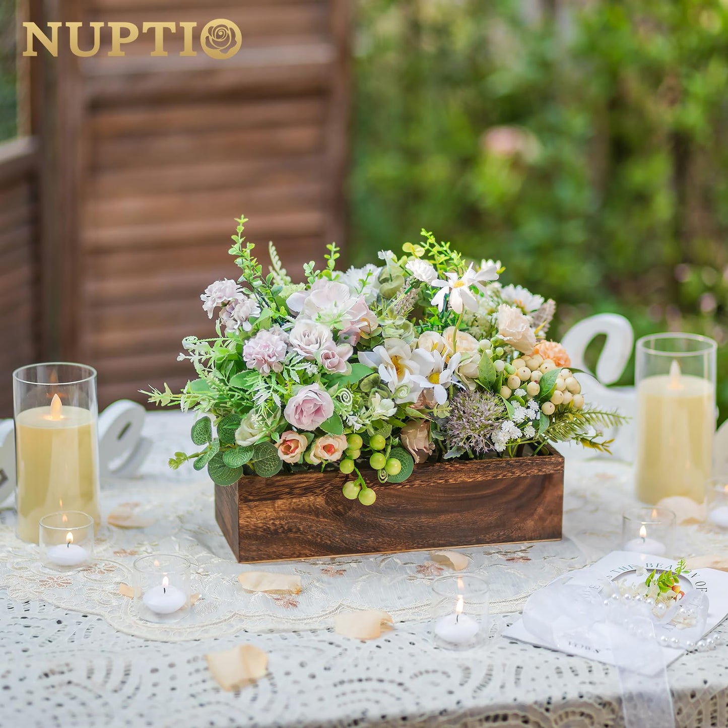 NUPTIO Wooden Box Centerpiece for Table: 2 Pcs 11.8" Long Wood Rectangle Planters - Farmhouse Flower Vase for Fall Wedding Dining Living Room Window Mantel Table Decor