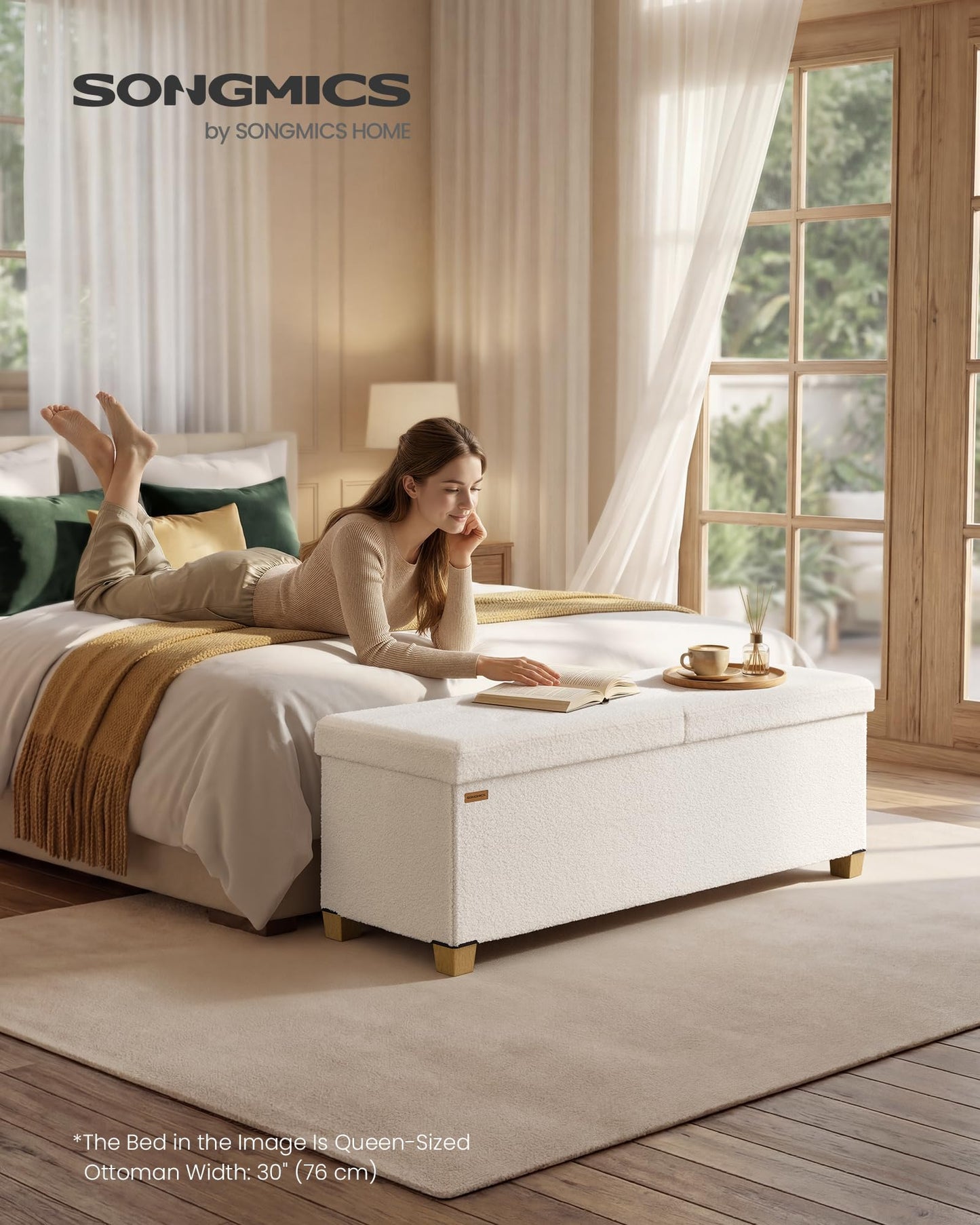 SONGMICS Storage Ottoman Bench with Legs, Folding Ottoman Foot Rest with Flipping Lid, Bench with Storage, for Living Room, Bedroom, Entryway, Teddy Fleece, 43.3 Inches, Cream White ULSF081WD01