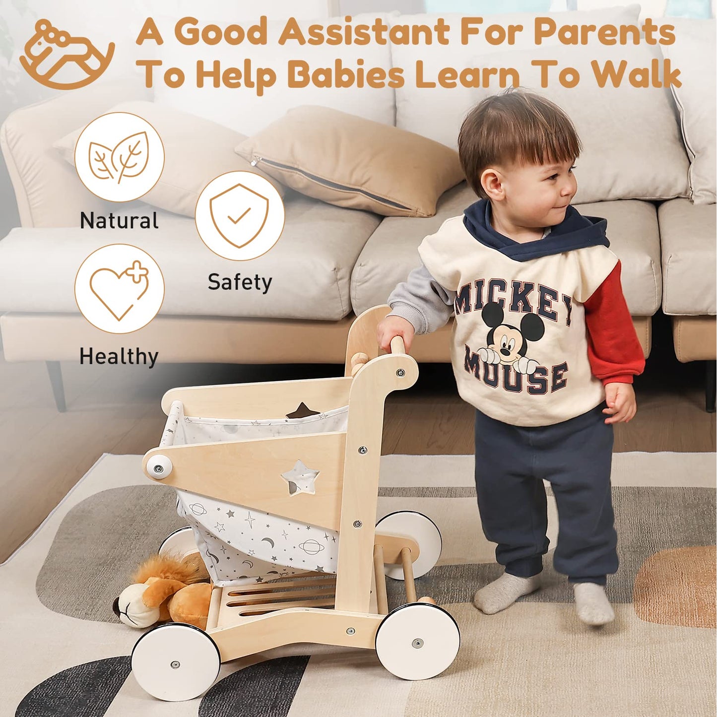 Woodtoe Wooden Baby Walker Doll Stroller, Adjustable Speed Shopping Cart for Toddlers 1-3, Baby Push Walker, Pretend Play Grocery Wagon, Baby Push Toys, Montessori Birthday Toy Gift for 1 2 3 Year Old