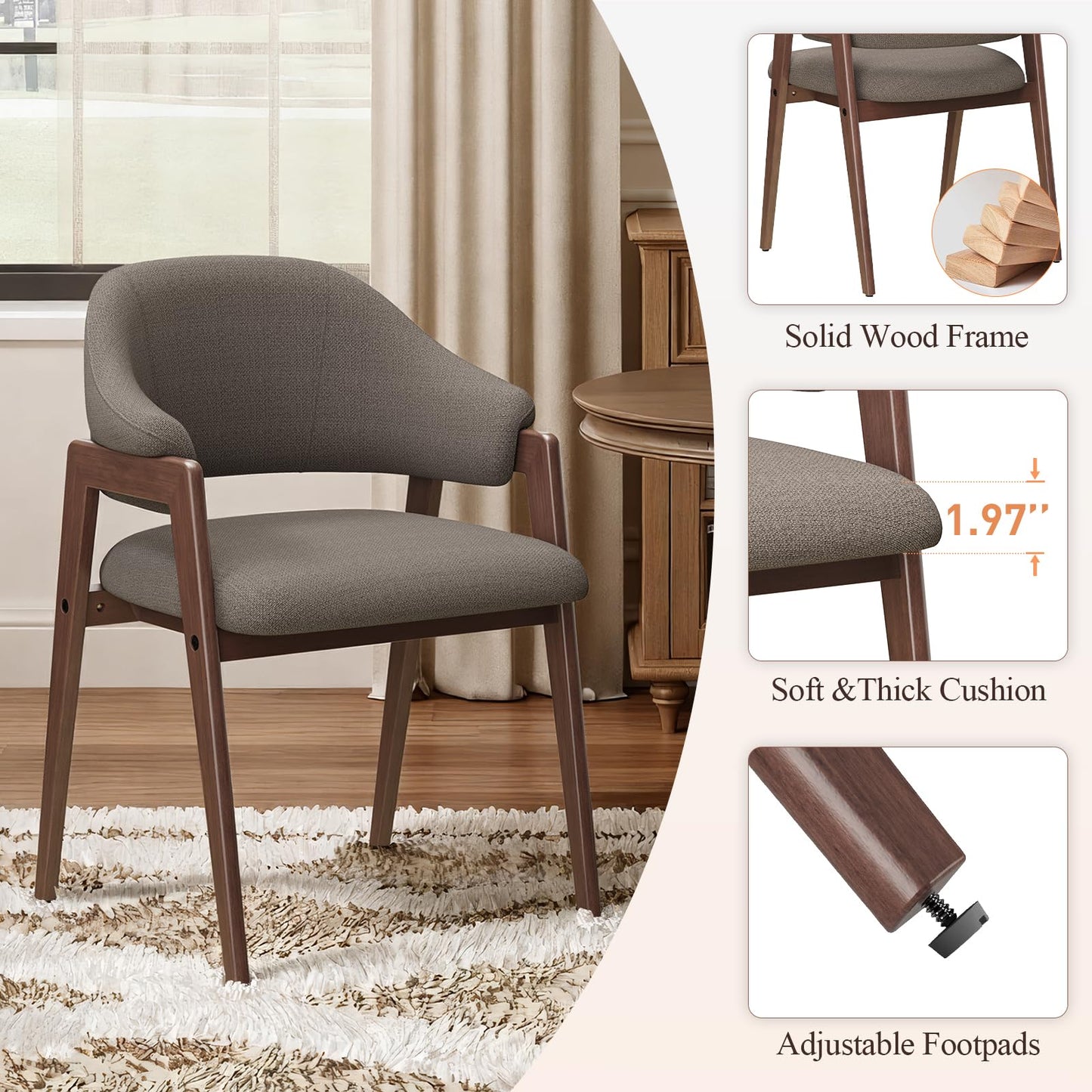 MALOL Wooden Dining Chairs Set of 4, Modern Fabric Upholstered Dining Room Chair, Kitchen Side Chairs, Farmhouse Dinner Chair with Curved Open Back for Kitchen, Camel