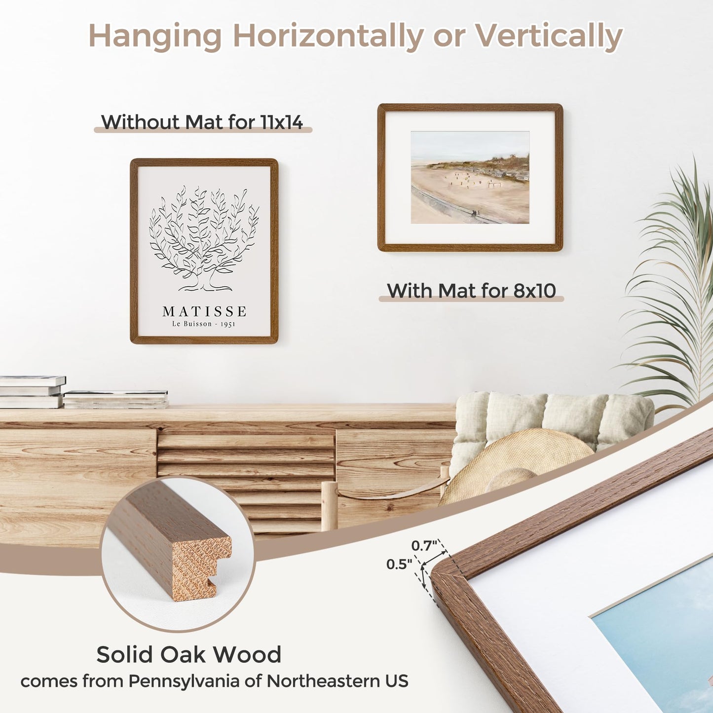 FLYJOE 11x14 Picture Frame | Solid Oak Wood 11 x 14 Picture Frame With Mat For 8x10 | 11x14 Poster Frame | Plexiglas And Hanging Hardware Included | 11 By 14 Photo Frame Wood (Walnut, 1 Pack)