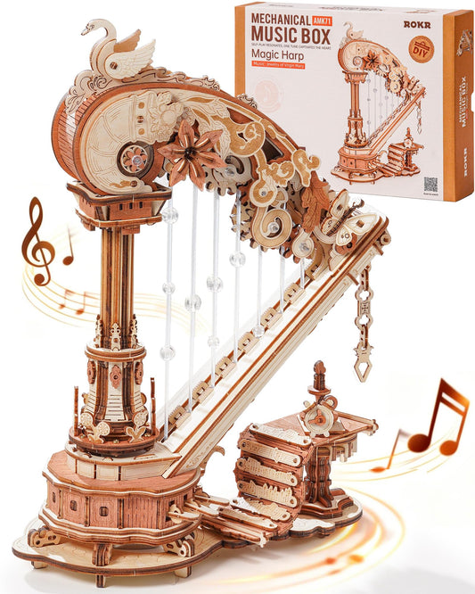 ROKR 3D Wooden Puzzle Harp Music Box, Building Model Kit with Mechanical Movement, Gift for Adults Women, Elegant Home Decor for Desk & Shelf