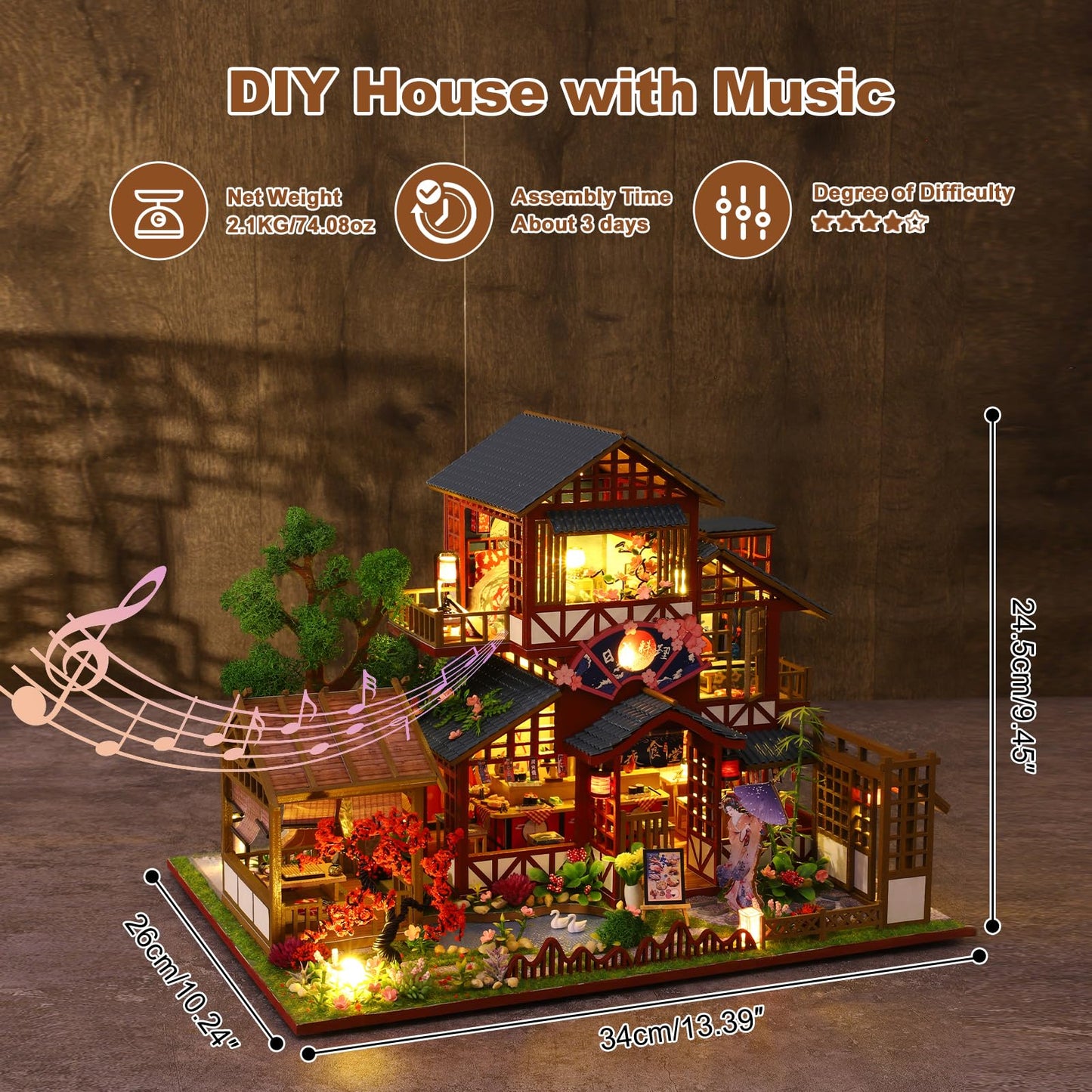 Hallisun DIY Miniature House Building Kits, Japanese Restaurant and Ancient Rhyme Library 3D Wooden Dollhouse Toys, Birthday Christmas Festival Gift for Teens Adults
