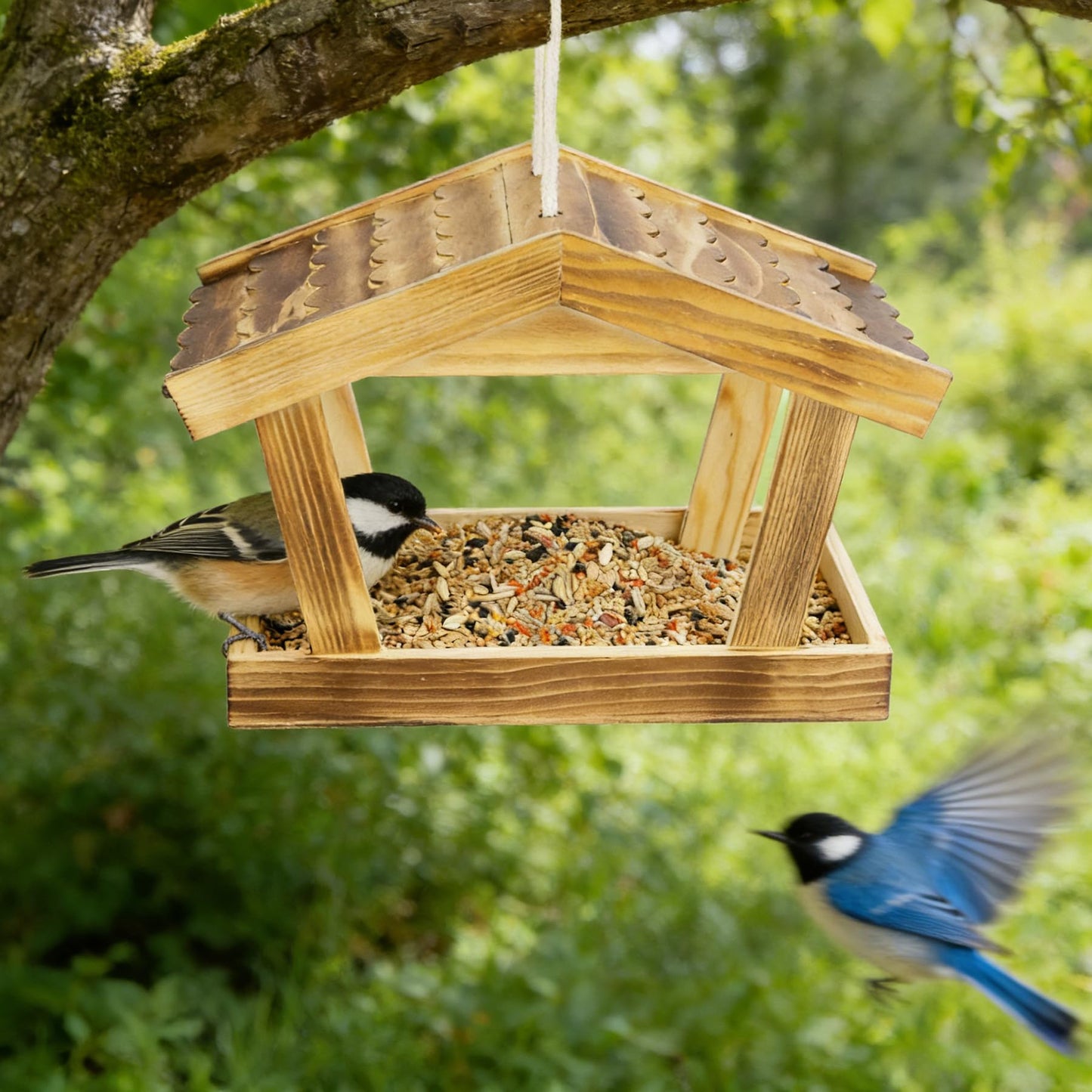 Dmnnlp Bird Feeders for Outside Hanging, Wooden Wild Bird Feeder House, Platform Bird House Feeder for Garden Yard Outdoor Hanging 10x6.3x7.8 Inch