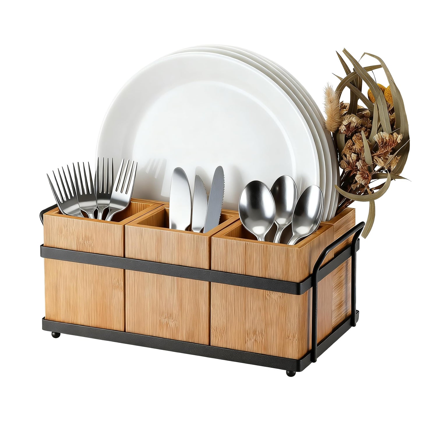 Garvee Bamboo Utensil Holder for Party, Wooden Flatware Silverware Caddy with 4 Detachable Compartments & Metal Tray, Cutlery Holder Organizer for Kitchen Camping Picnic Buffet