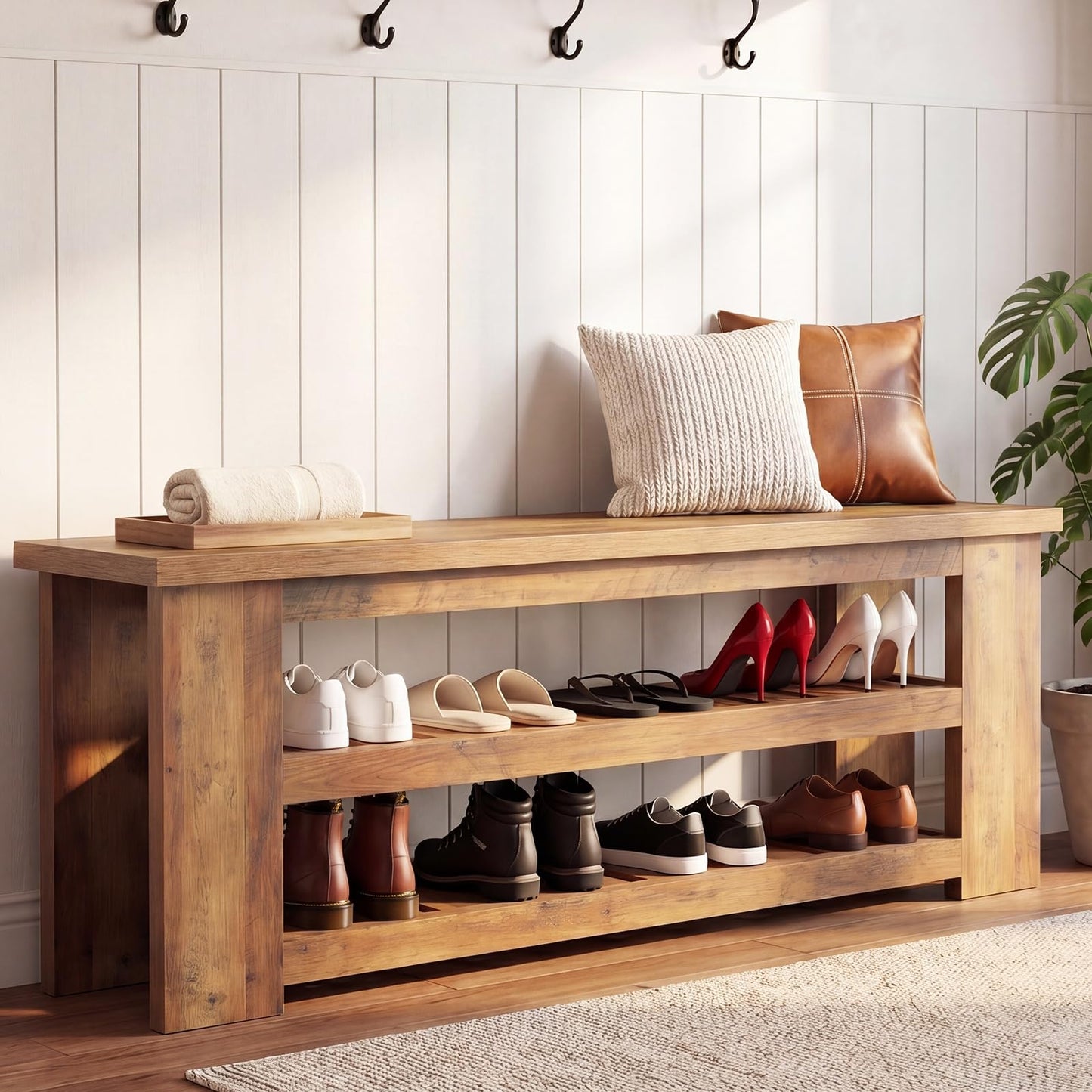 LITTLE TREE Entryway Bench, 55" Wood Shoe Bench, Farmhouse End of Bed Bench with 2-Tier Storage Shelves, Dining Bench for Entryway, Living Room, Bedroom, Hallway, End of Bed, Rustic Brown