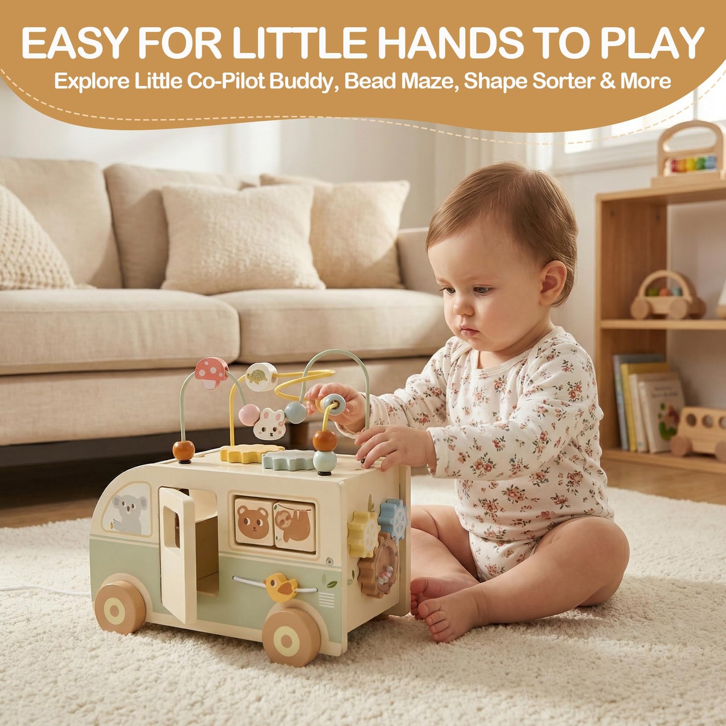 Pithfor Wooden Montessori Toys for 1 Year Old, Push & Pull Car Toys for Baby Toddlers 1 2 3 Year Old, 1st First Birthday Gift for Boys Girls, with Bobbling Driver & Bead Maze