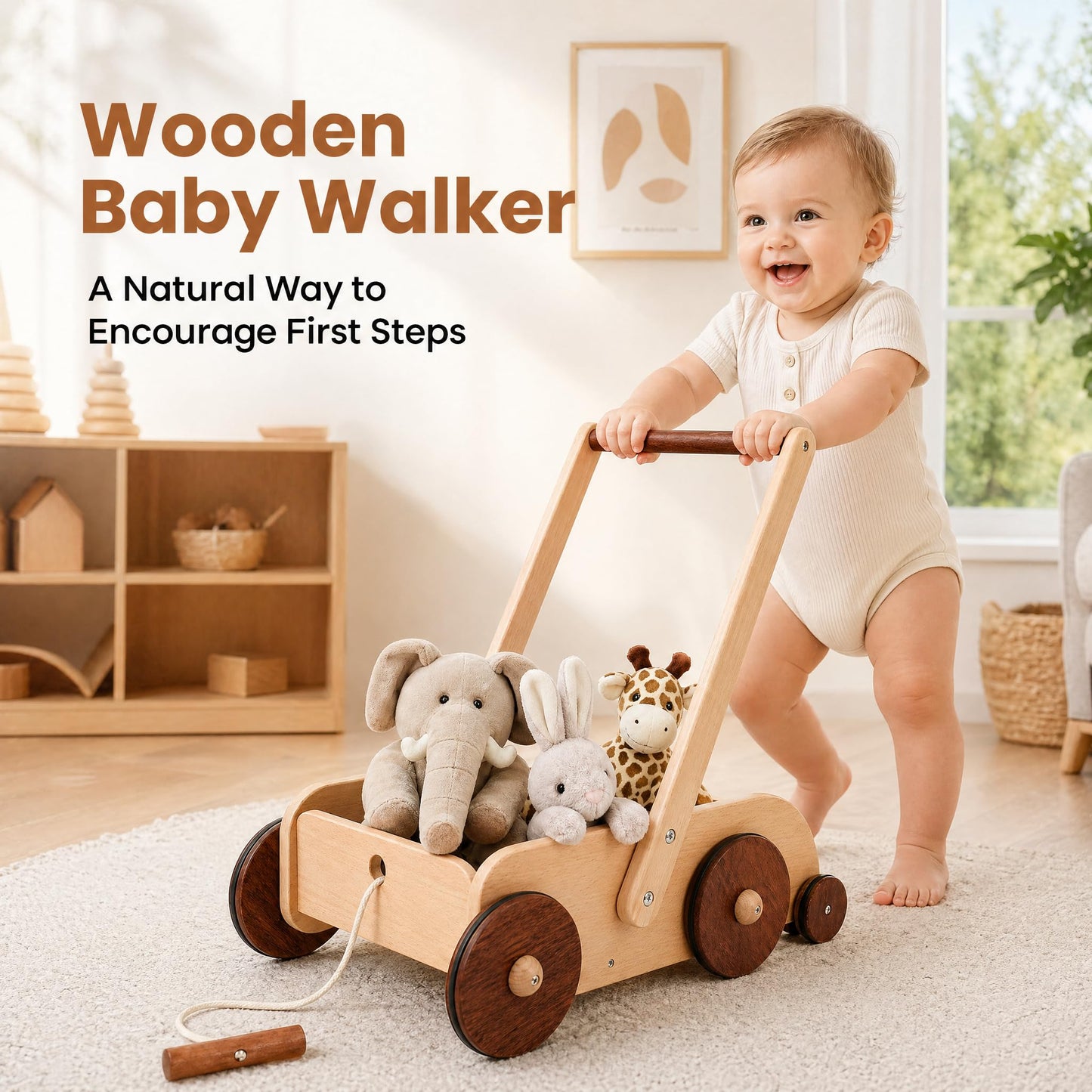 Woodtoe Wooden Baby Walker, Adjustable Speed Anti-Rollover Push Walker Toy for Babies Learning to Walk, Natural Toddler Push and Pull Toys Wagon, Montessori Birthday Toy Gift for Boy Girl 1 2 3 Years