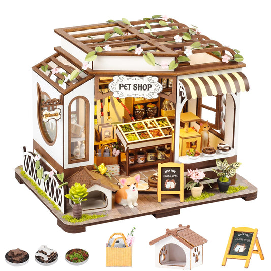 DIY Book Nook Kit - Bookend Diorama with LED - 3D Wooden Puzzle DIY Miniature House Kits - Bookshelf Insert Decor - Booknook Dollhouse Crafts Hobbies Gifts for Adults (Pet Shop)