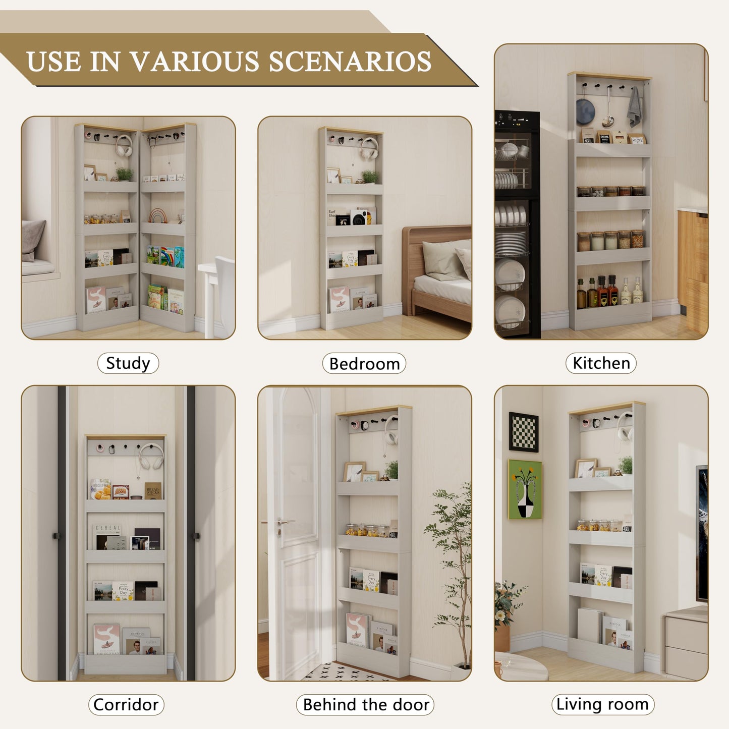 Locsear Behind the Door Bookshelf - Ultra Slim Hidden Storage Cabinet for Kids Room | 4-Tier White Wooden Bookcase with Hooks