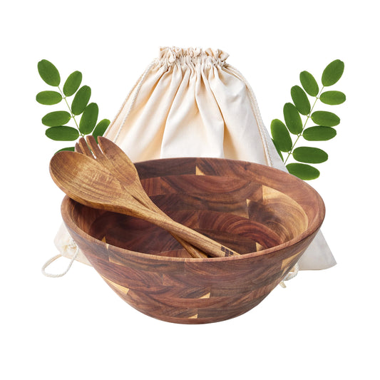 Wooden Salad Bowls with Serving Utensils, Large 12.5" Acacia Wooden Bowls for Food, Perfect as Fruit Bowl, Serving Bowls, Mixing Bowls, Handmade, Durable and Stylish Natural Wood Dinning Accessory