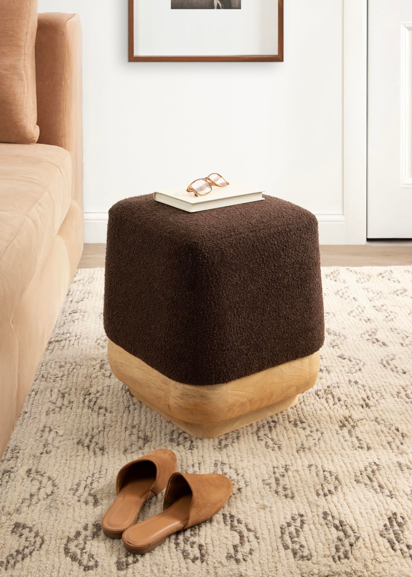Kate and Laurel Sabri Square Upholstered Ottoman with Mango Wood Base, 16 x 16 x 18, Soft Brown and Natural, Modern Boucle Living Room Ottoman Foot Rest for Apartment or Dorm Room Decor
