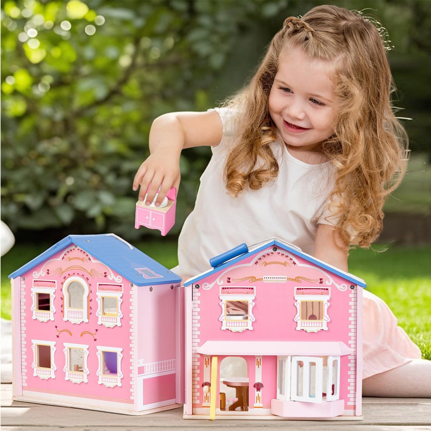 Giant bean Exquisite Pink Wooden Dollhouse for Girls with 2 Dolls and 12pcs Wooden Furniture,Foldable and Portable Pretend Play House Set with Handle, Christmas Birthday Gift for Girls Kids Age 3+