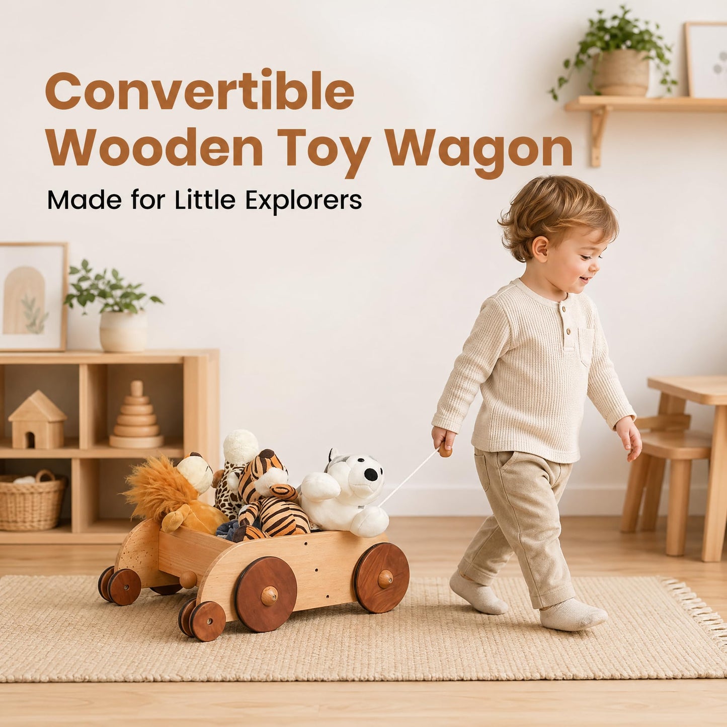Woodtoe Wooden Baby Walker, Adjustable Speed Anti-Rollover Push Walker Toy for Babies Learning to Walk, Natural Toddler Push and Pull Toys Wagon, Montessori Birthday Toy Gift for Boy Girl 1 2 3 Years